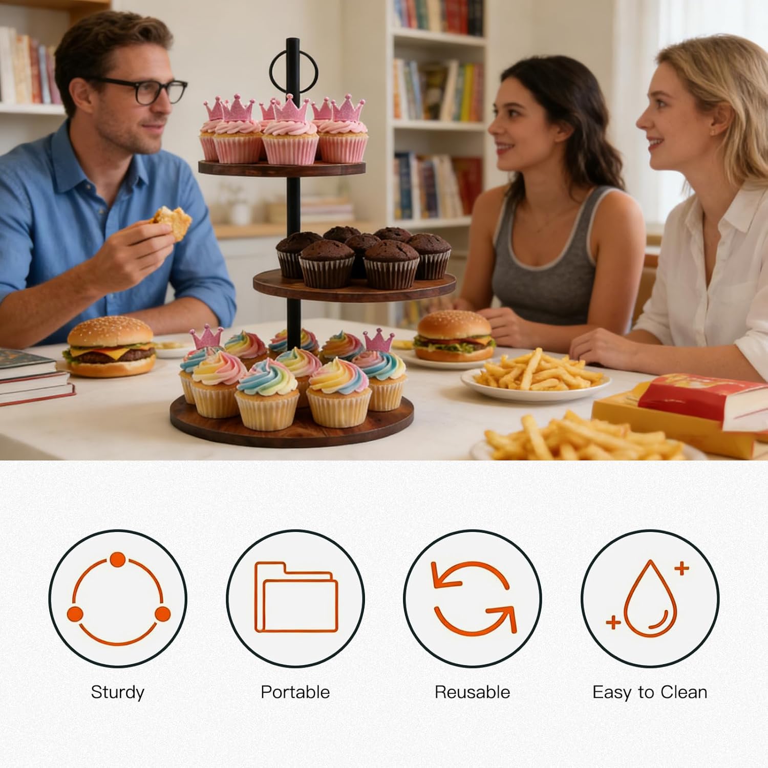 Wood Tiered Tray, Cup Cake Display Stand, 3-Tier Afternoon Tea Stand, Rustic Dessert Cupcake Holder for Weddings, Birthdays, Tea Parties, 2-Pack,Farmhouse and Kitchen Decor