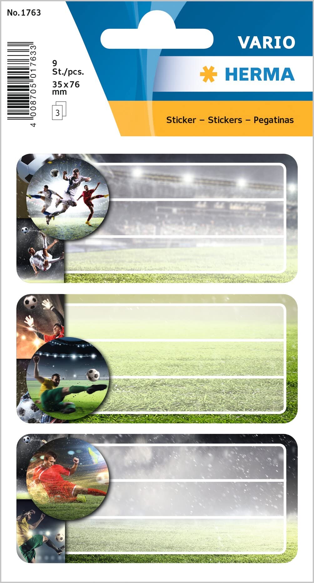 HERMA 1763 Book Labels for Labelling, Football (76 x 35 mm, 9 Name Stickers, Paper, Matte) Self-Adhesive, Permanent Adhesive School Labels for Books, Notebooks, Boxes, Household, Colourful