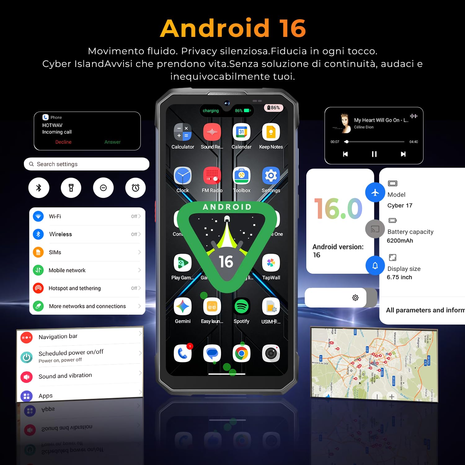 HOTWAV Cyber 17 Rugged Smartphone Android 16 Telefono Indistruttibile | 16GB+128GB/2TB TF/Octa-core Cellulare Robusto, 6200mAh 6.75" HD+ 48MP+16MP, Gemini AI, NFC/Face ID/OTG/GPS/Dual SIM 4G