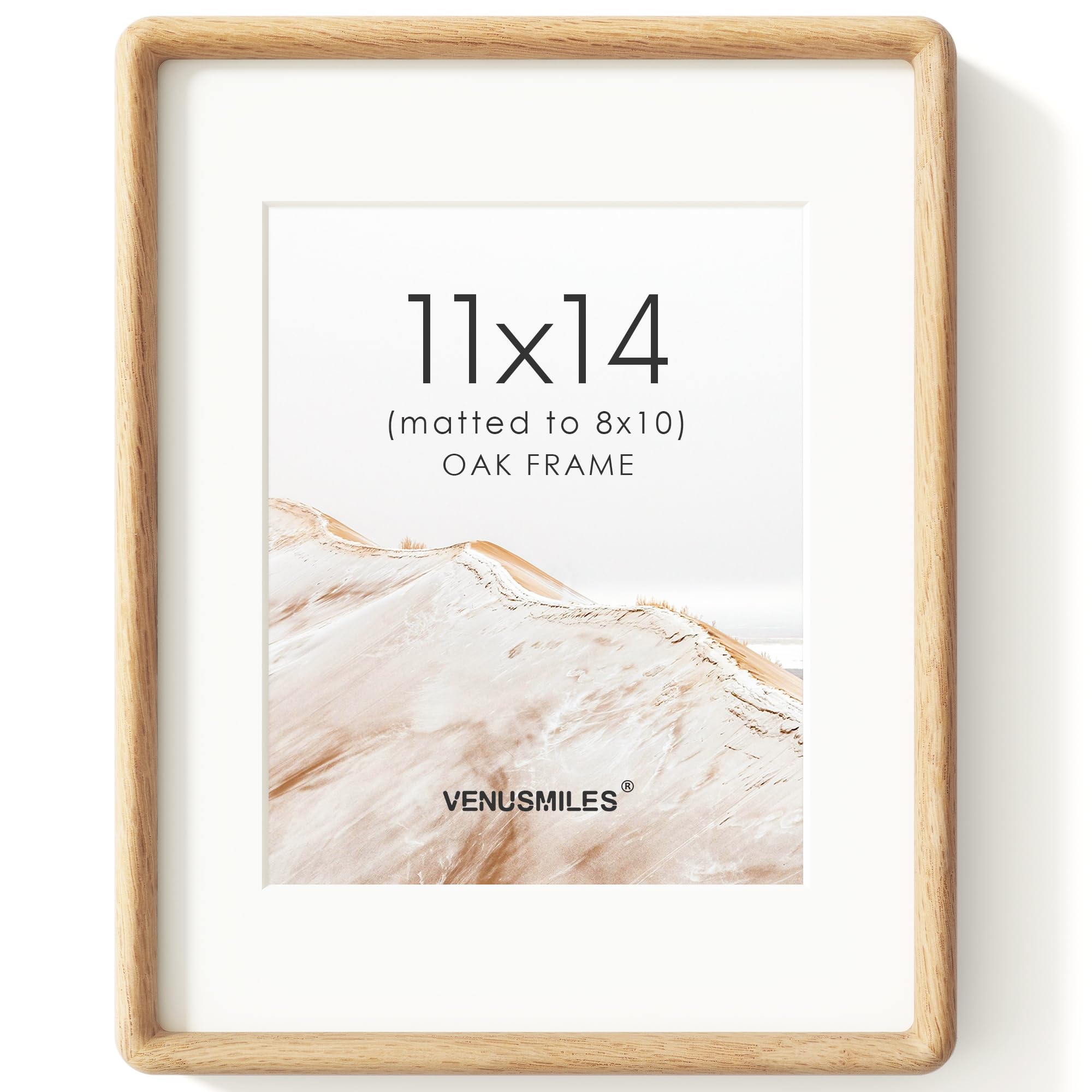 Photo 1 of 11x14 Solid Oak Wood Picture Frame, Rounded Corner, Matted to 8x10