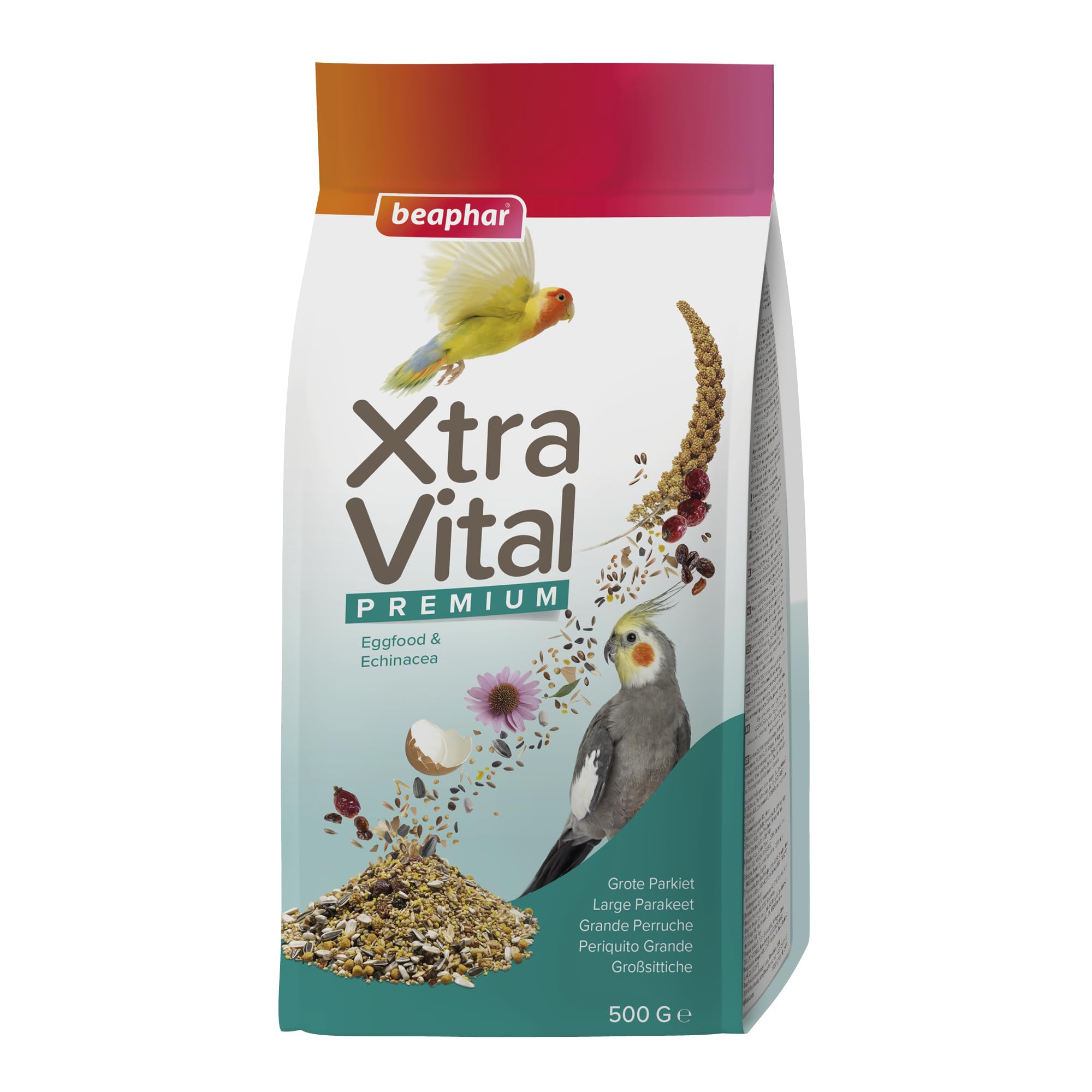 Beaphar - XtraVital Large Parakeet Bird Food - Complete Food with Raisins, Rose Hip, Echinacea & Egg Food - Rich in Vitamins & Minerals - For Vitality, Immunity, Plumage & Optimum Health – 500g