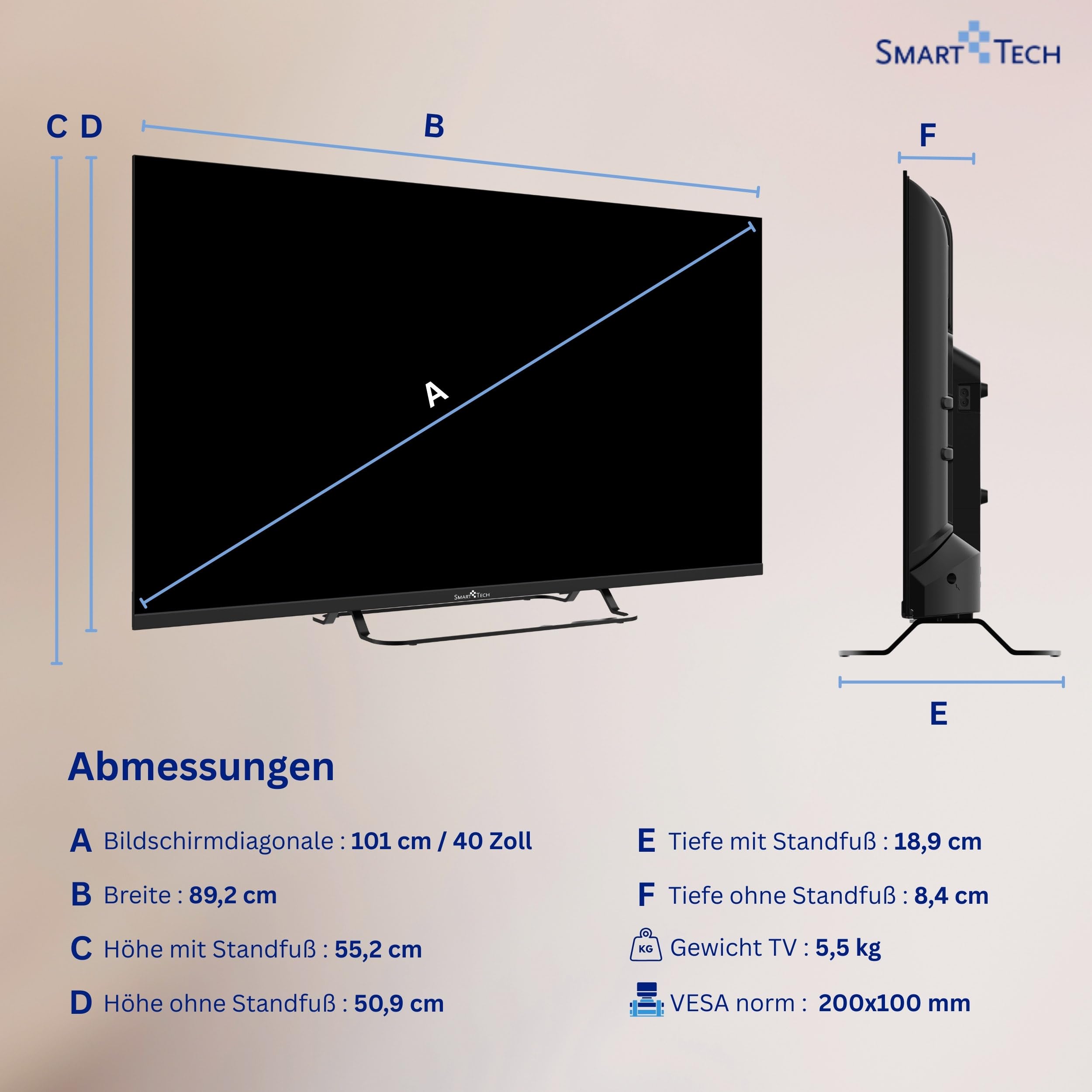 Smart Tech 40FV02V Fernseher 40 Zoll Smart TV VIDAA - Fernseher mit Full HD Auflösung, Bluetooth und Triple-Tuner, LED TV (2026)