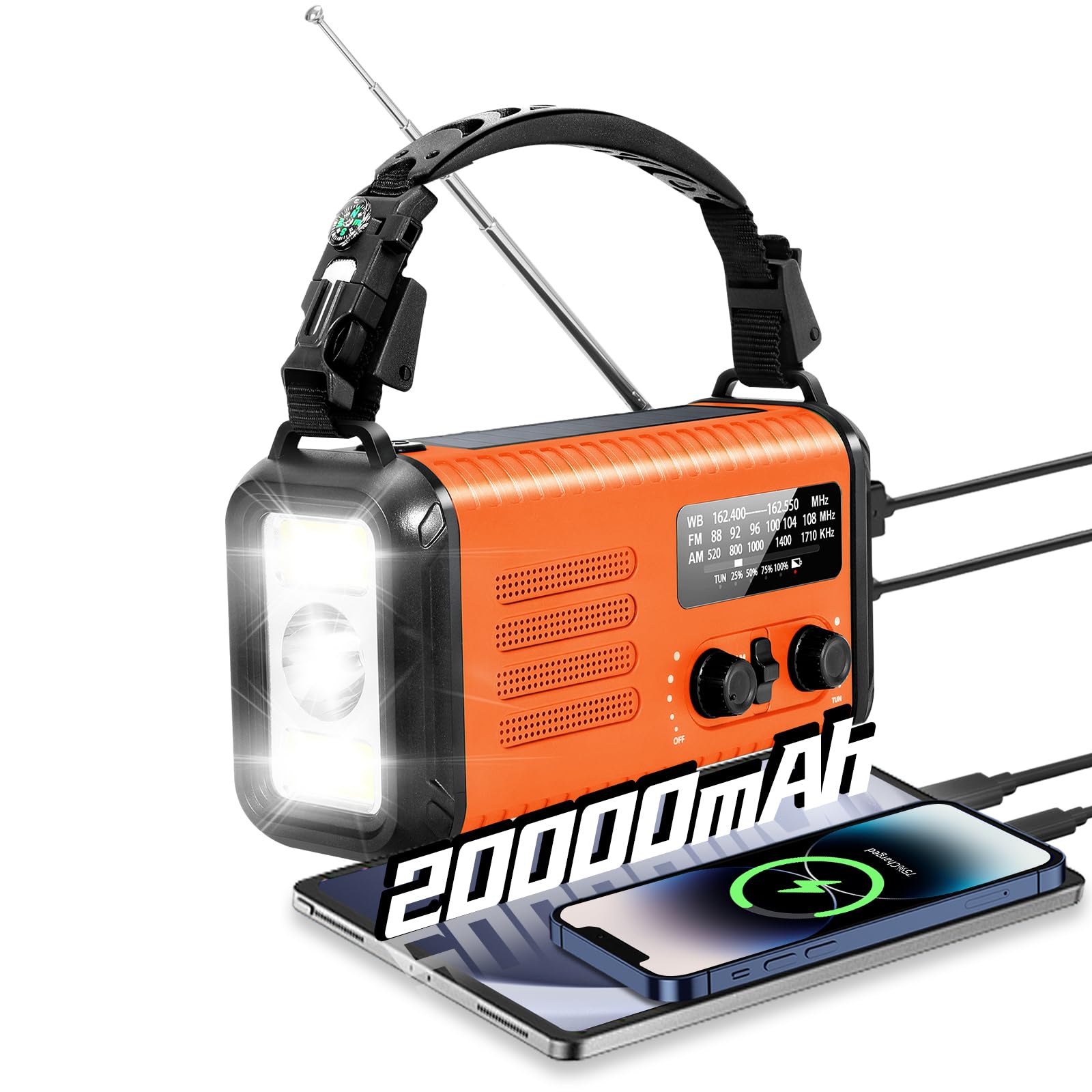 Emergency Crank Radio, 20000mAh / 74000mWh Solar Hand Crank Weather Radio with NOAA/AM/FM, Battery Powered Radio with Cell Phone Charger, Reading Lamp, Flashlight & SOS for Emergencies/Home (Orange)