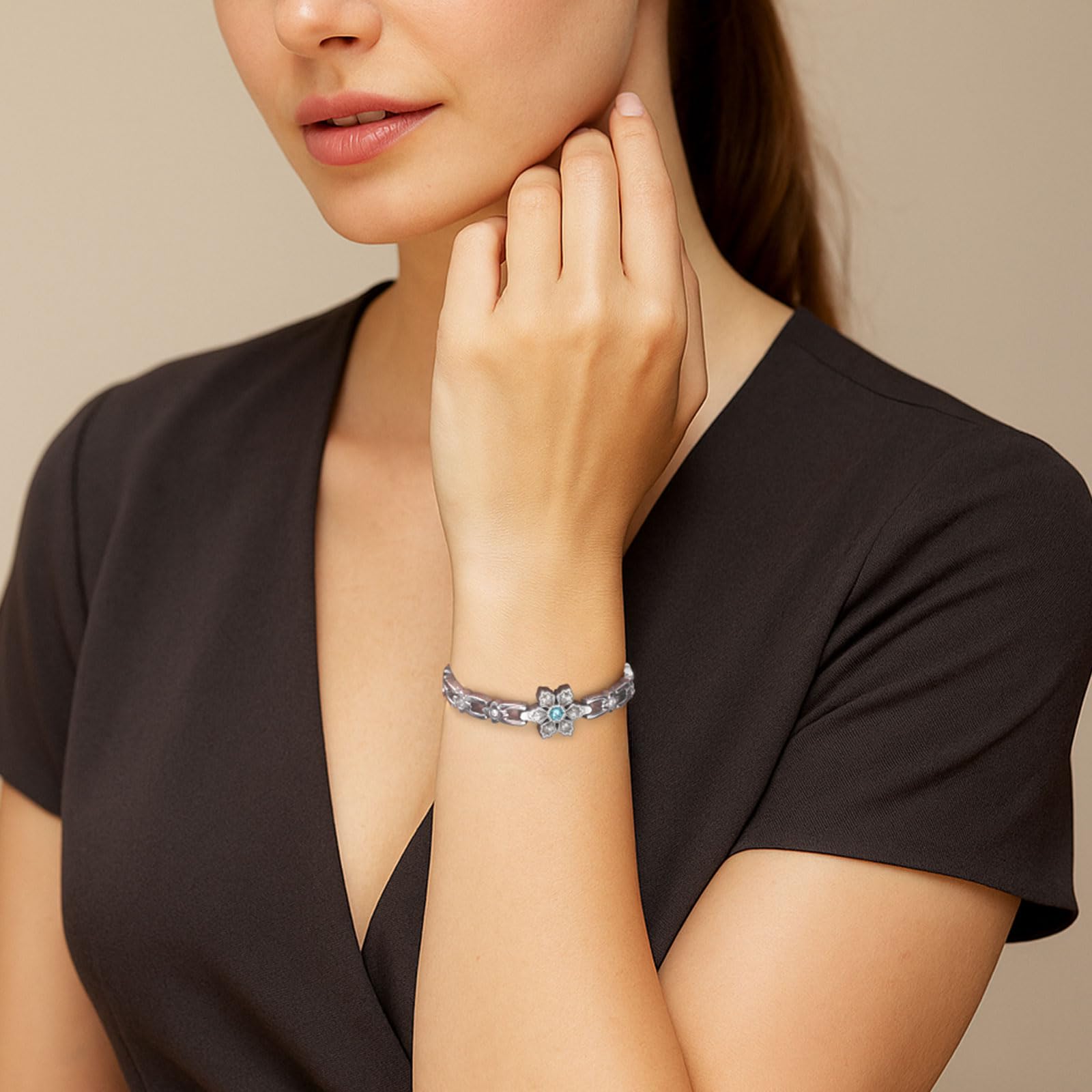 RainSo Bracelet magnétique pour femme - En acier inoxydable - Motif flocon de neige - Décoré avec pierres précieuses et cristaux bleus - Réglable - Avec outil et coffret cadeau