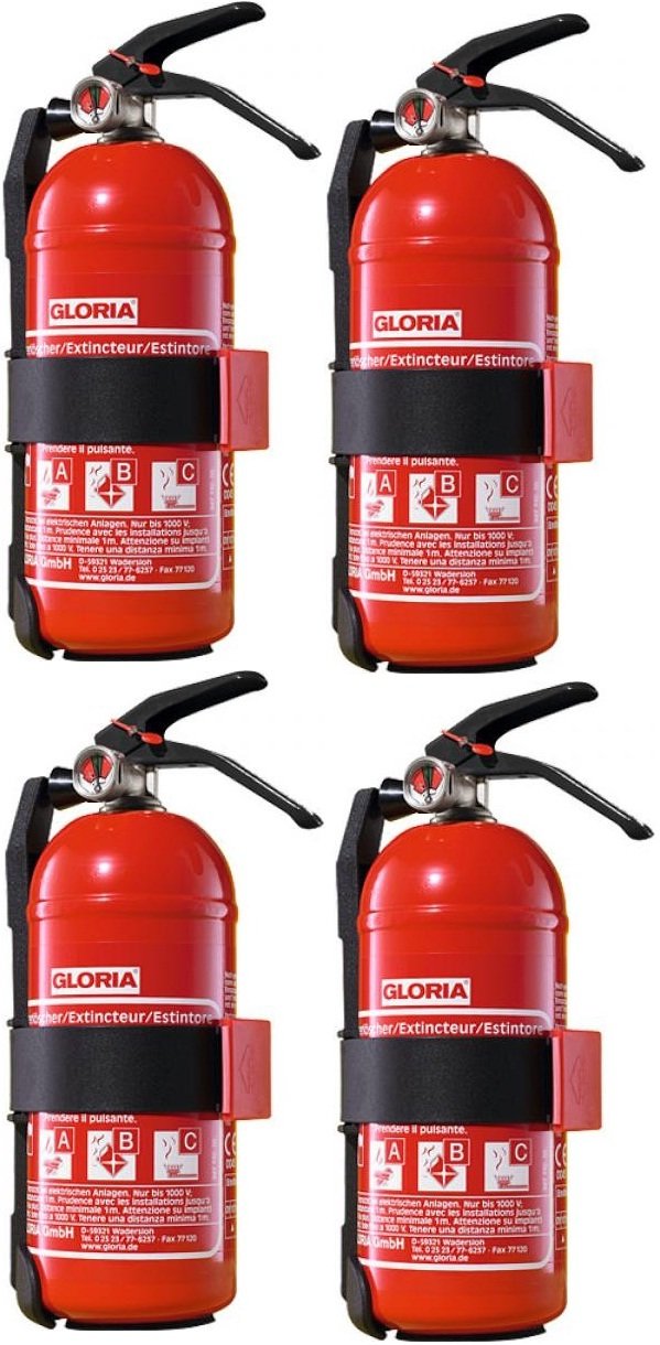 4 Stück GLORIA 1 kg Pulver-Feuerlöscher für Kfz, Werkstatt, Boot, Küche oder Garage # mit Manometer # Kfz.-Halter und Sicherheitsspannband