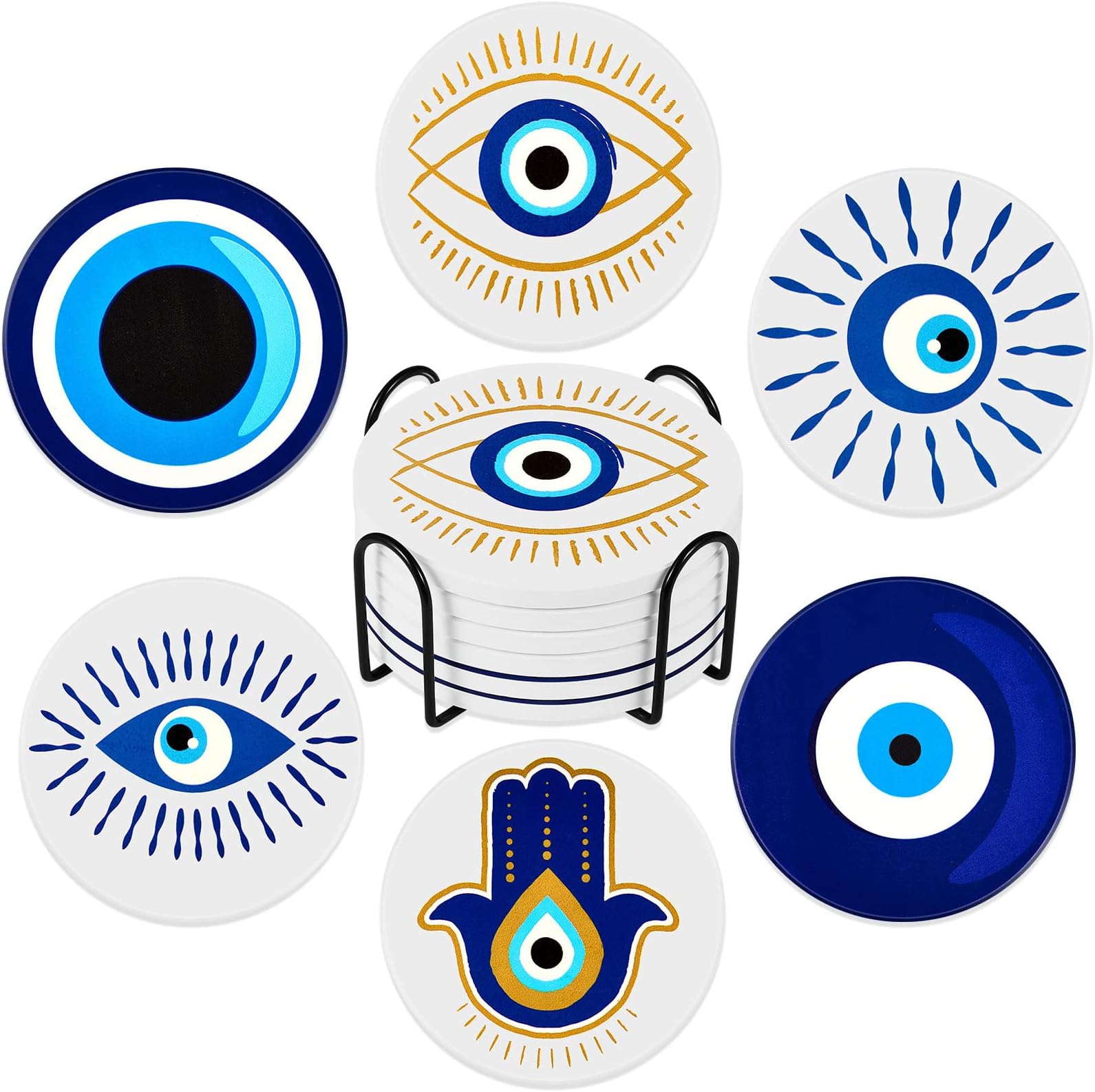 Zubebe Set of 6 Ceramic Evil Eye Coasters with Coaster Holder Evil Eye Blue Coasters for Drinks Round Absorbent Cup Mat with Cork Base for Home Table Decor Desk Kitchen Accessories, 4 Inch