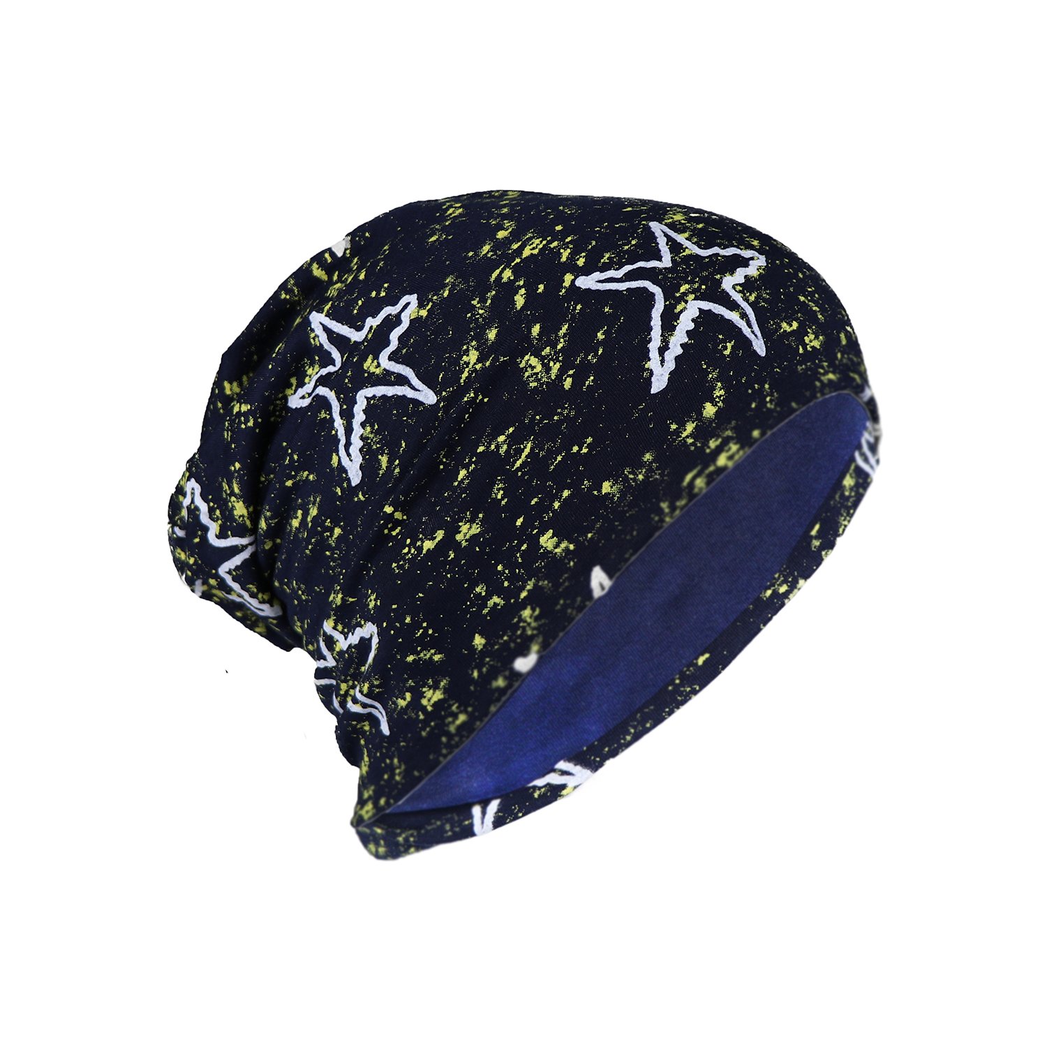 iSWEVENMen's Beanies Cotton Slouchy Skull Summer Blended Free Size Multicolor Beanie Cap for Men Women Boys (7019-White Line Star)