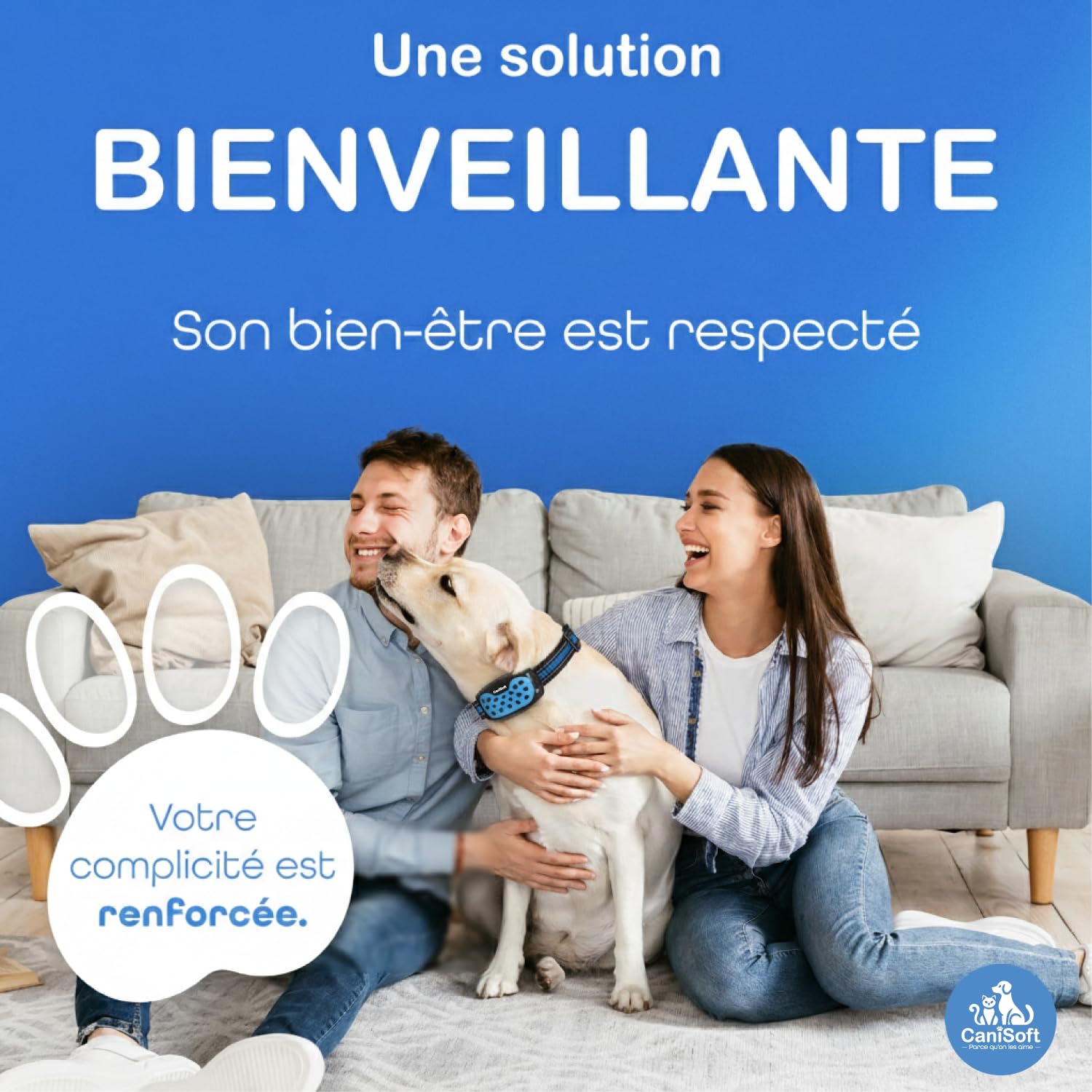 Collier Anti Aboiement Chien CANISOFT Rechargeable USB Étanche IP67 2 Modes 5 Sensibilités 2 Sangles Noire Bleue