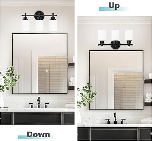 Miniatura 6 de Lámparas de baño negras de 3 luces, modernas luces de tocador sobre el espejo, apliques de pared de baño con pantalla de vidrio blanco, enchufe E26,