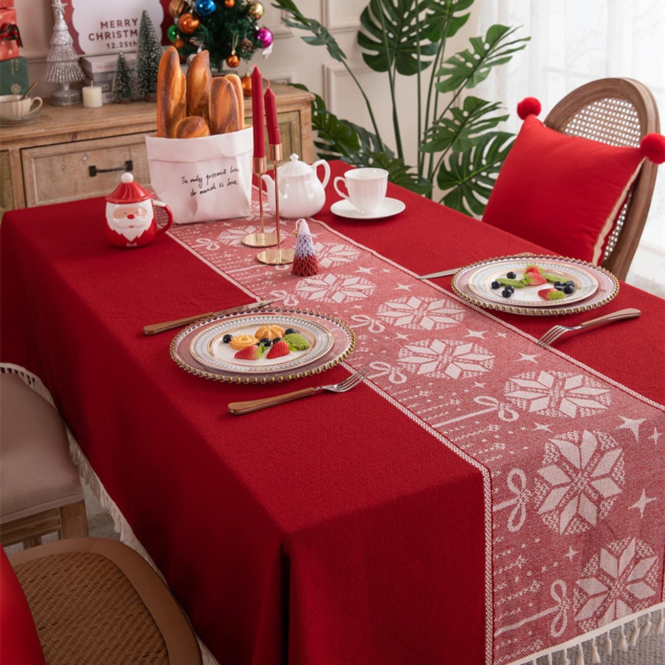 NamUla Red Tassel Tablecloth Christmas Polyester Fabric Rectangle Table Cloth Thickened Vintage Table Cover Dustproof Tabletop Decoration for Party Holiday (Ball,Rectangle,55"x86",8-10Seats)