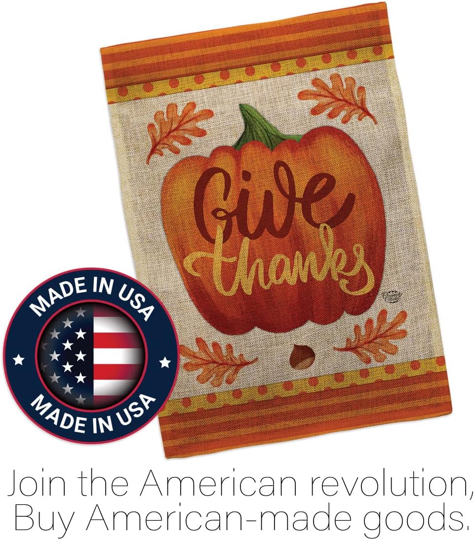 Pumpkin Give Thanks Garden Flag Fall Thanksgiving Turkey Gobble Season Autumntime Cornucopia House Decoration Banner Small Yard Gift Double-Sided, Thick Burlap, Made in USA