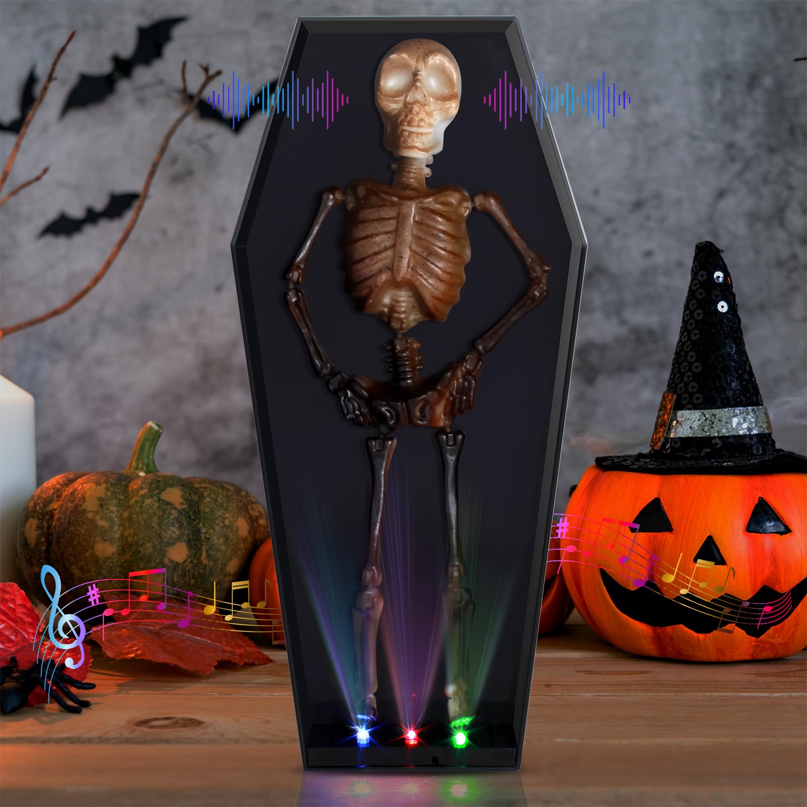MAIAGO Halloween Tombstone Skeleton with LED Lights, Halloween Skeleton Voice Activated Decorations, Dancing Skeleton with Music and Glowing Lights for Halloween Decor Party Props, Haunted House, Yard