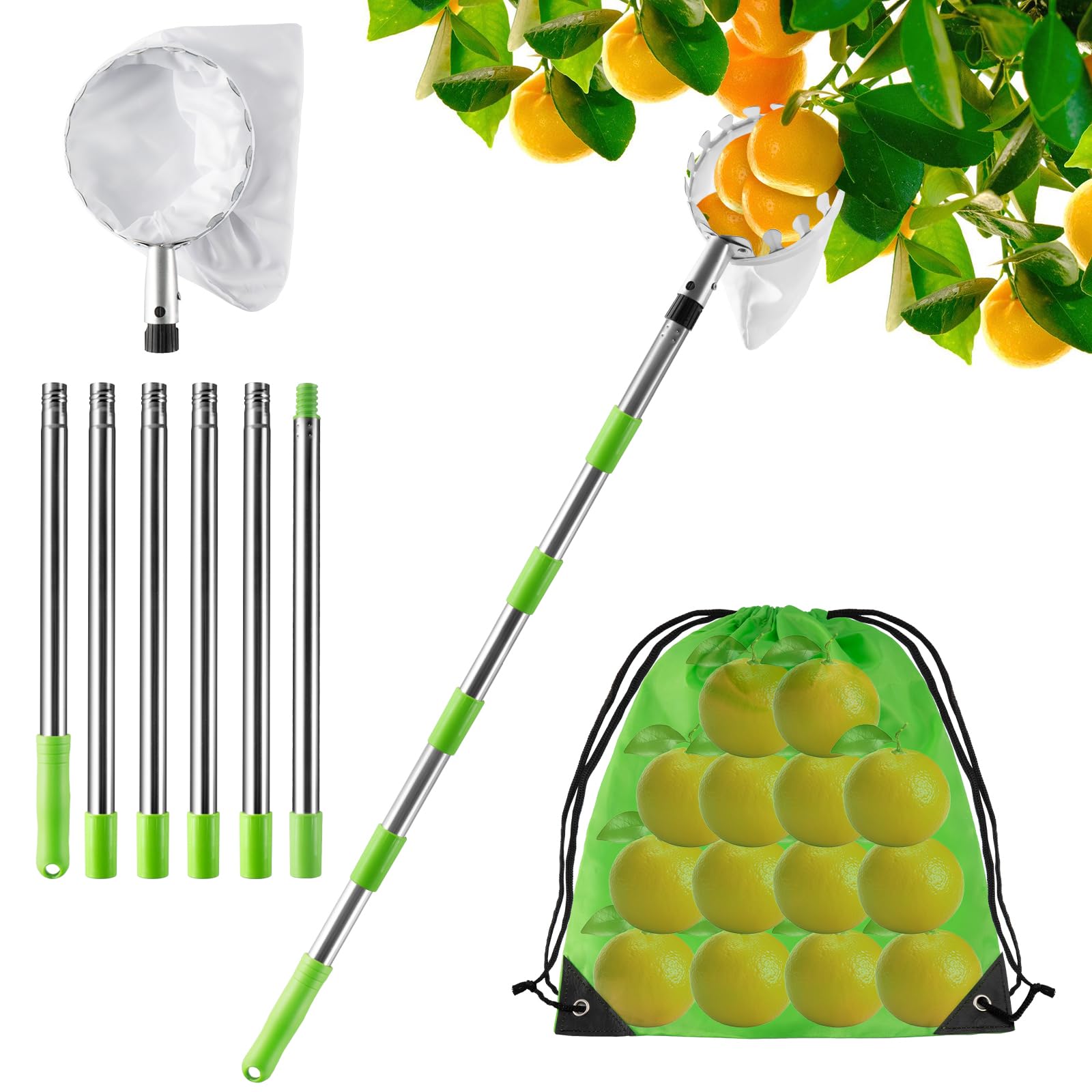 KOMABLEN 2.4M Recoge Frutas Telescopico, Recogedor de Frutas Acero Inoxidable Ligero y Bolsa de Tela, Recogedor Recolector de Frutas para Manzanas, Naranjas, cítricos Fruit Picker Diameter 16 cm
