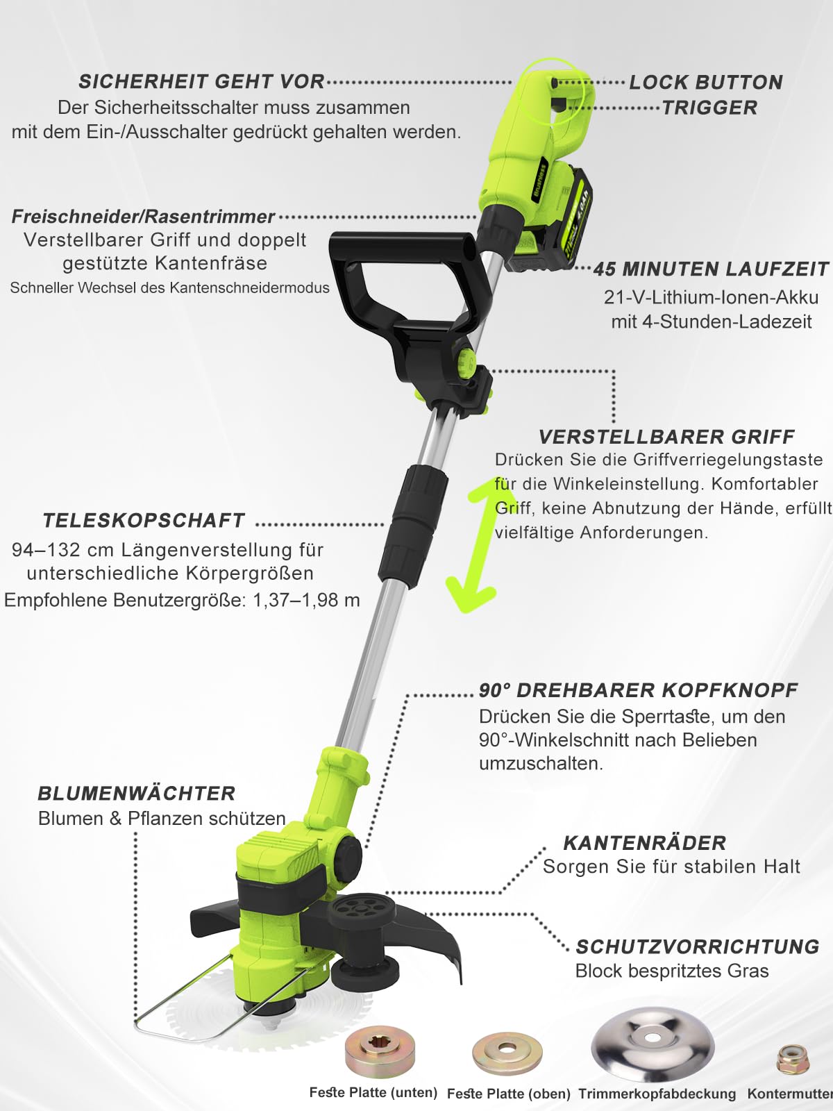 Akku Rasentrimmer für Makita Akku, 2-in-1 Kantenschneider/Rasentrimmer mit Akku 21V, Akku Freischneider mit 2 Batterien 4.0Ah＆8in Klingen, Rasenkantenschneider für Rasen Garten Beschneiden