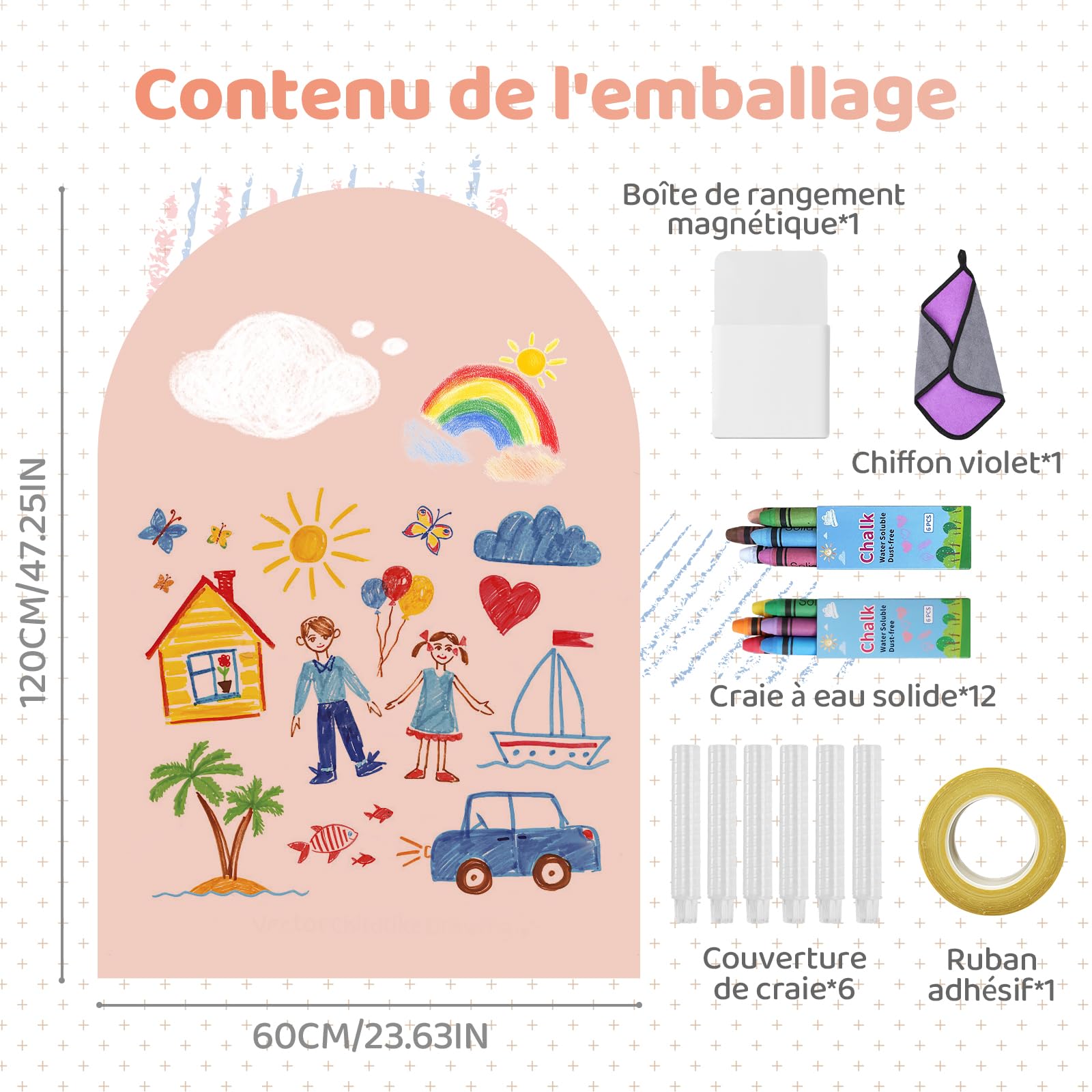 Tableau noir magnétique pour enfants, 120 x 60 cm tableau mural magnétique arqué couleur camel, incluant 12 craies, 1 chiffon de nettoyage, 6 porte-craies, 1 boîte de rangement