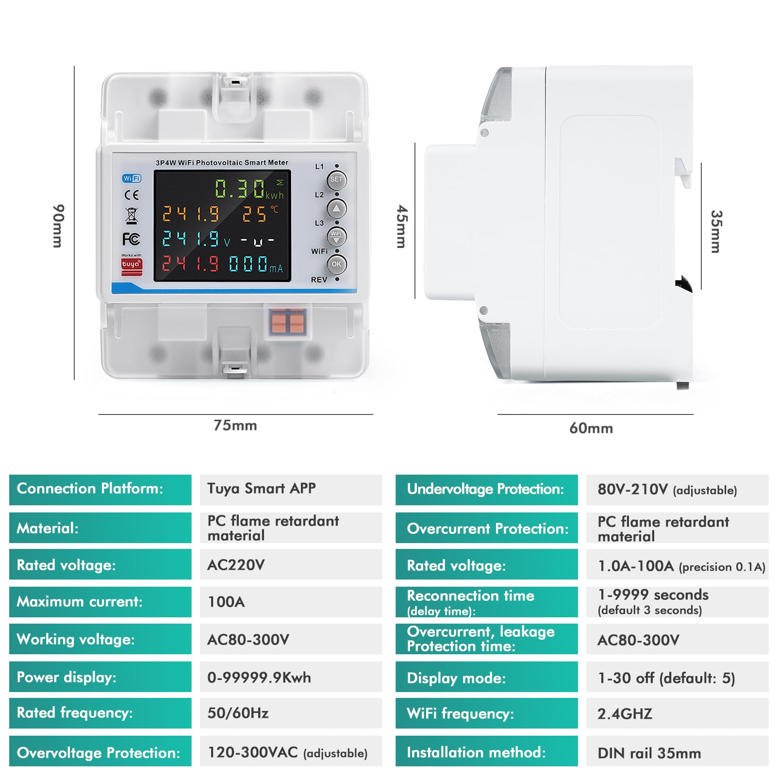 Licznik prądu 3-fazowego 100 A 380 V AC licznik prądu trójfazowego Smart Meter WLAN, licznik dwukierunkowy ze sterowaniem czasem/zbyt niskim napięciem/nadprądem/trójfazową niesymetrią / utratą fazy