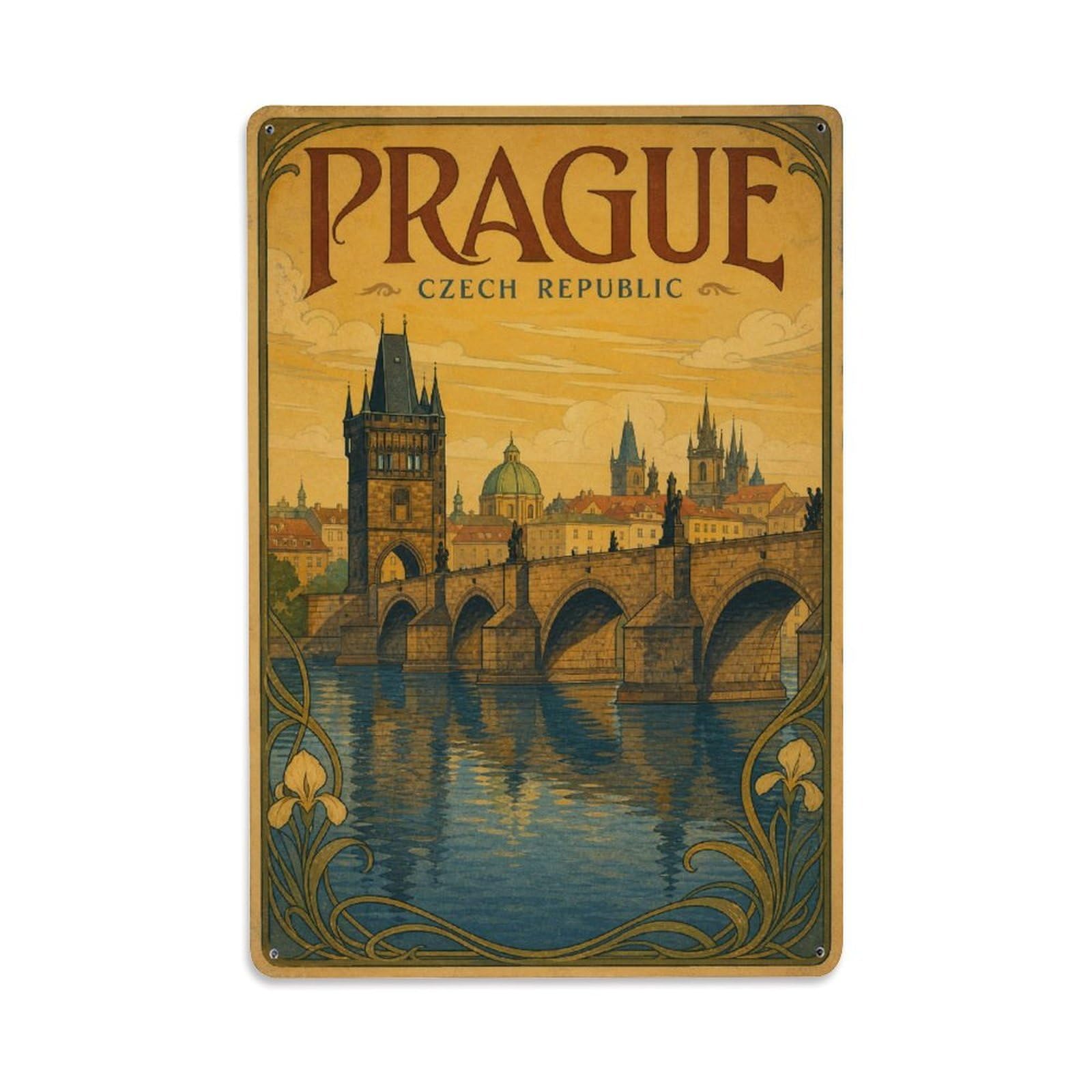 Vintage Travel Czech Republic Prague Metal Tin Sign
