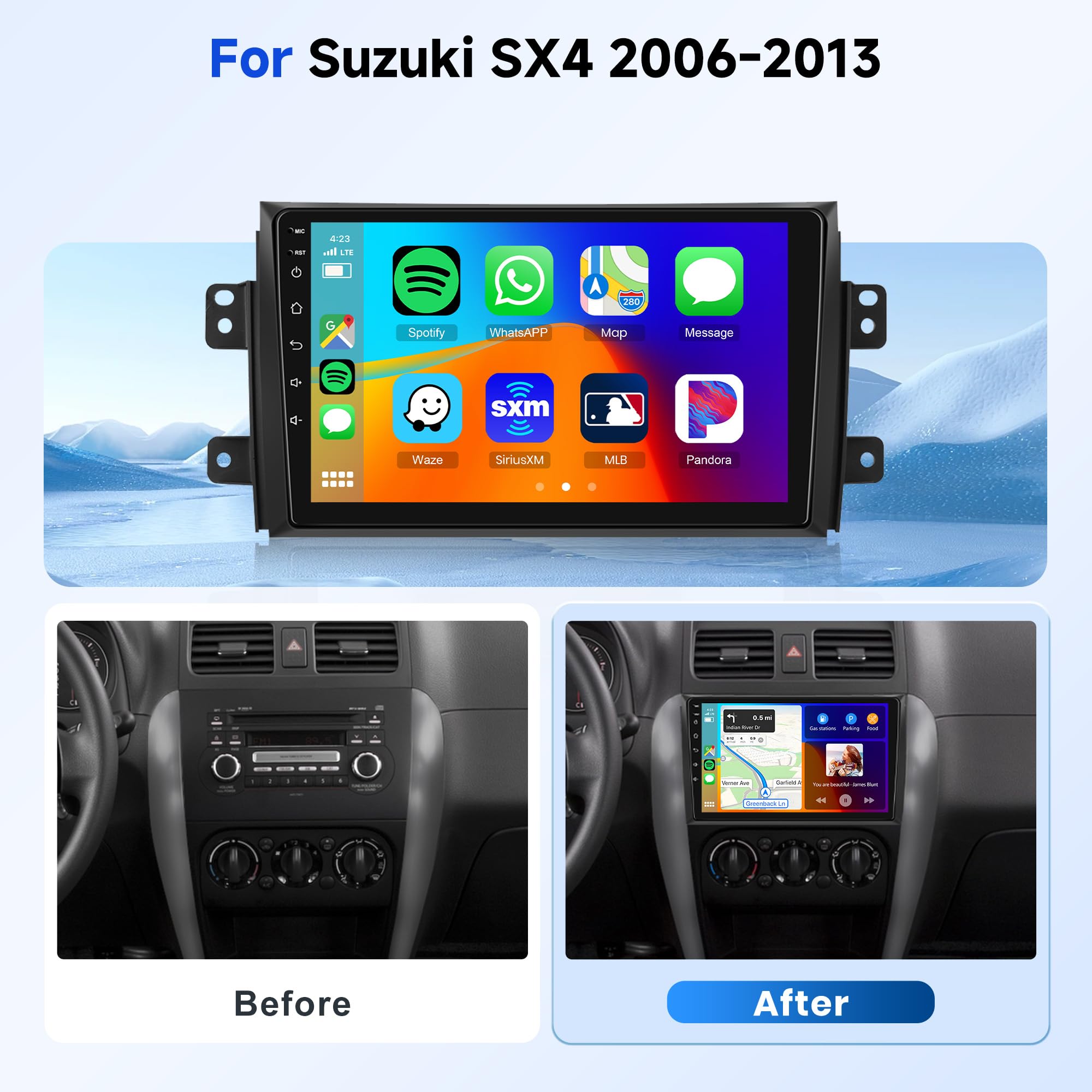 4G+64G Autoradio Android 13 per Suzuki SX4 2006-2013 Fiat Sedici 2005-2014, 9 HD Schermo Tactile Stereo Auto co Carplay Android Auto senza Fili GPS Wi-Fi USB Bluetooth 5.0 Radio FM RDS Retrocamera