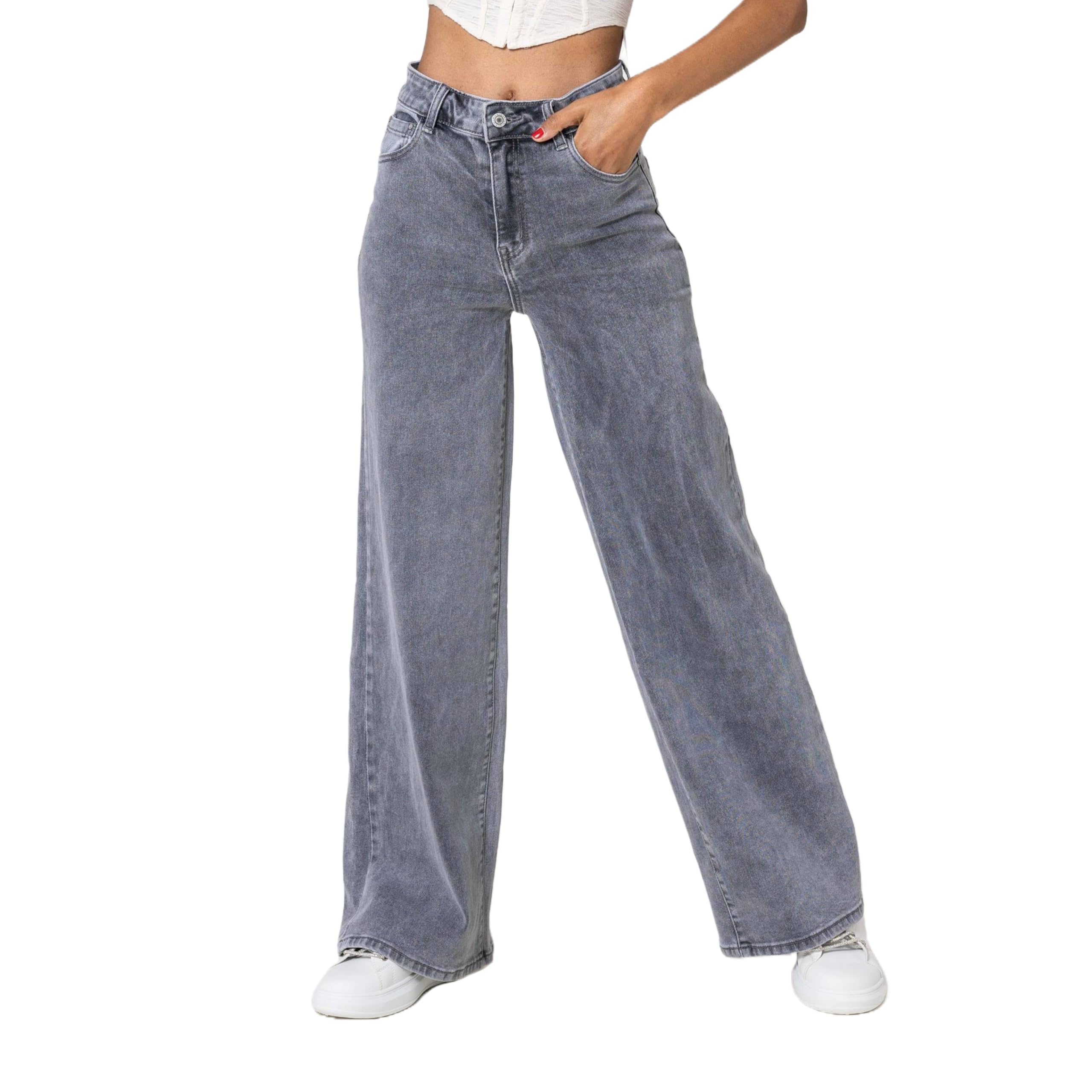 Nina Carter YY300 Pantalones vaqueros de cintura alta para mujer, pierna ancha, elásticos, aspecto desgastado