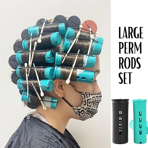 Miniatura 6 de Juego de varillas permanentes grandes y jumbo, 24 rodillos de cabello de color negro y verde para cabello natural, varillas de ondas frías para