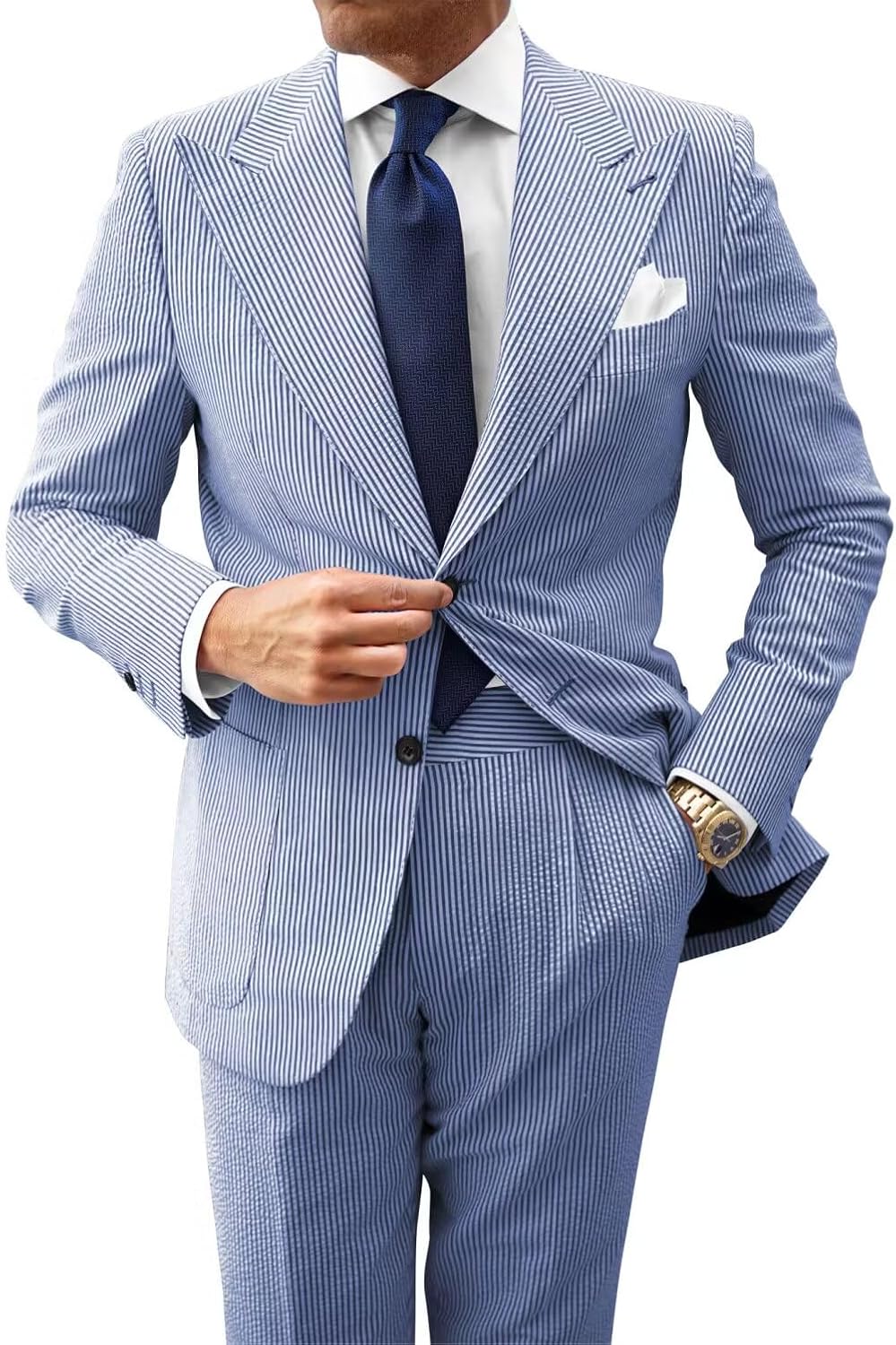 HUUTOE Mens 2 Piece Seersucker Prom Suit Leisure Sear Sucker Suit for Men White Summer Beach Wedding