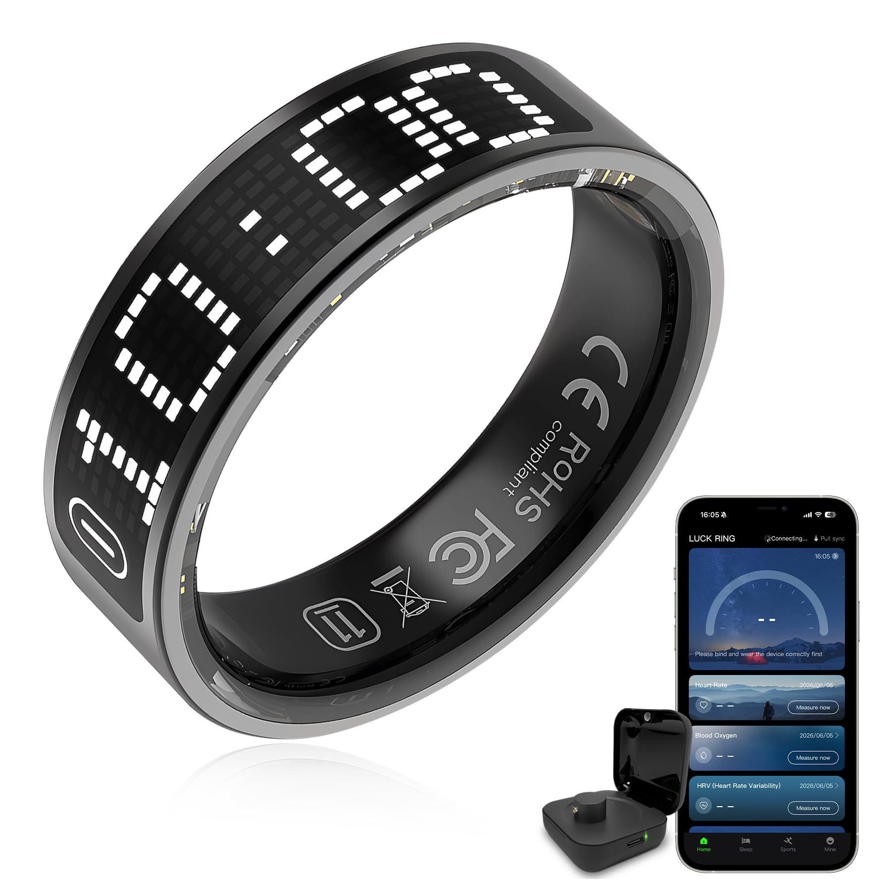 Bague connectée pour Hommes et Femmes (Android et iOS) – Taille 9 | Écran tactile LED, étanche IP68, suivi cardio/oxygène/sommeil, déclencheur photo, modes sport, titane 3,2g