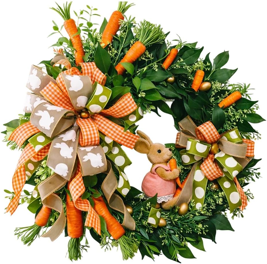 Easter Carrot Bunny Wreaths for Front Door, 16.7 in Artificial Easter Wreaths with Bow, Farmhouse Easter Wreath for Indoor Outdoor Porch Window Wedding Spring Decor (A)