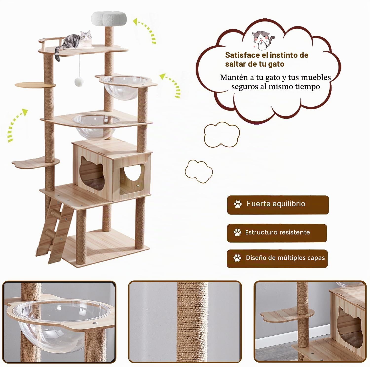 Árbol para Gatos de 170 cm para Adultos Grandes en Interiores, Torre de árbol para Gatos con condominio, escaleras, 2 Cuencos, 14 Postes rascadores de sisal, Percha Superior, con Cama de