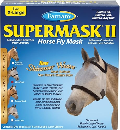 Farnam SuperMask II Shimmer Weave Horse Fly Mask, X-Lrg. Size, Silver Mesh with Black Trim