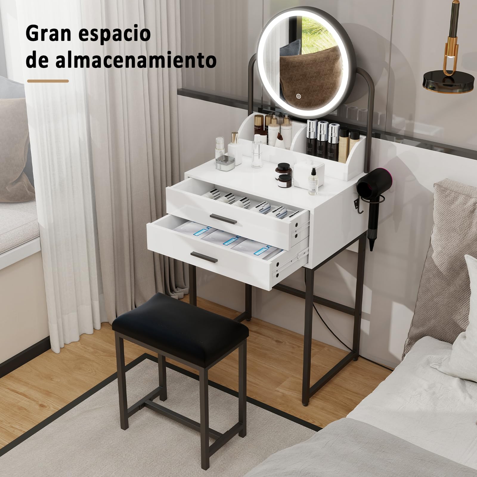YU YUSING Tocador con Espejo LED, Tocador de Maquillaje con Taburete