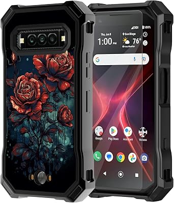 Art Red Rose for Kyocera DuraForce PRO 3 E7200 Case w/Tempered Glass Screen Protector, 2 Layers Rugged Shockproof PC + Soft Silicone Bumper Phone Case for DuraForce PRO 3