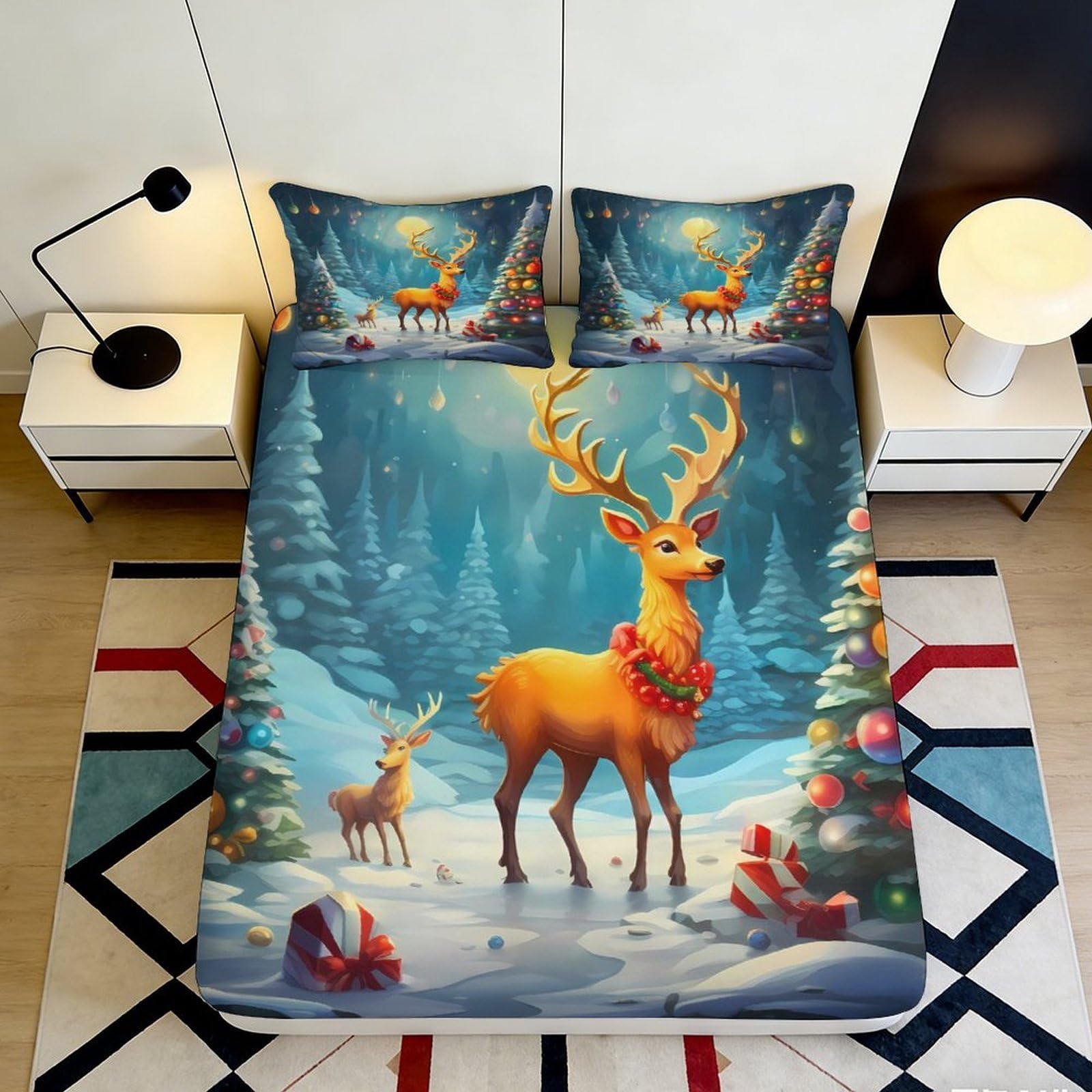 Dhbaneiok Style-4 3D Printed Winter Deer Forest Fitted Sheet Microfiber Soft Anti-Slip Christmas Elk Mattress Cover For Bedroom Home Decor 90X200x25cm