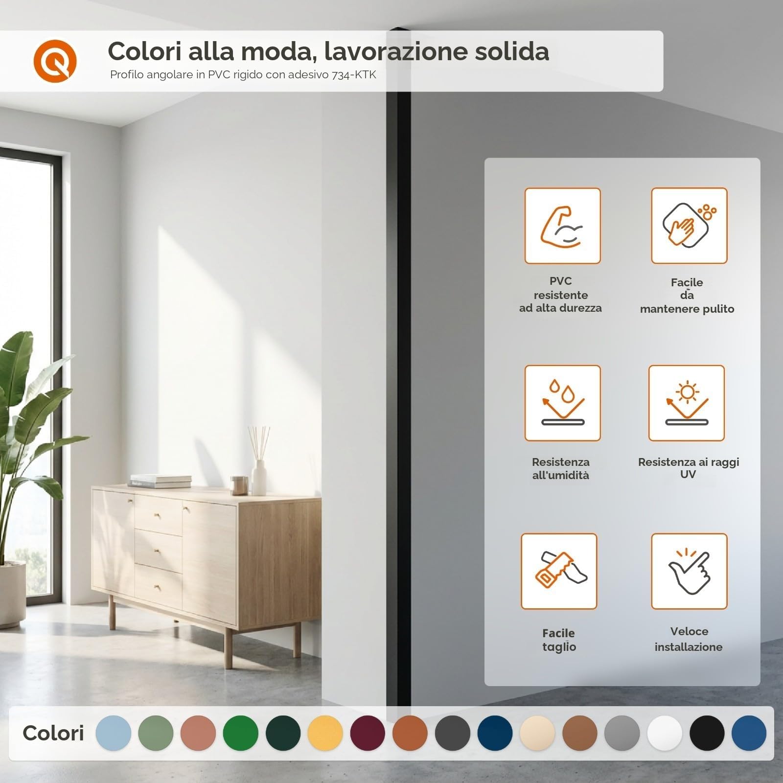 QUEST Profilo Angolare in PVC Rigido Autoadesivo 15x15mm 100cm Bianco