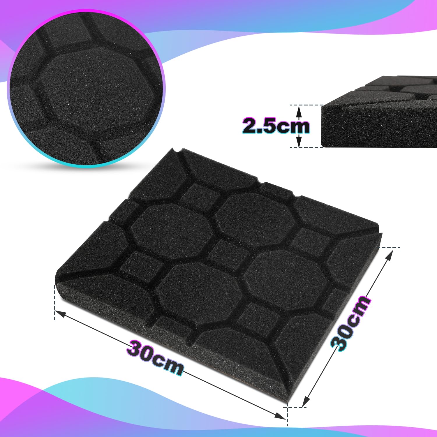Akustikschaumstoff Schallschutzmatte – 48 Stück selbstklebende Schaumstoffplatten für Aufnahmestudios, Arbeitszimmer und Tanzstudios 30 x 30 x 2.5 cm, Block