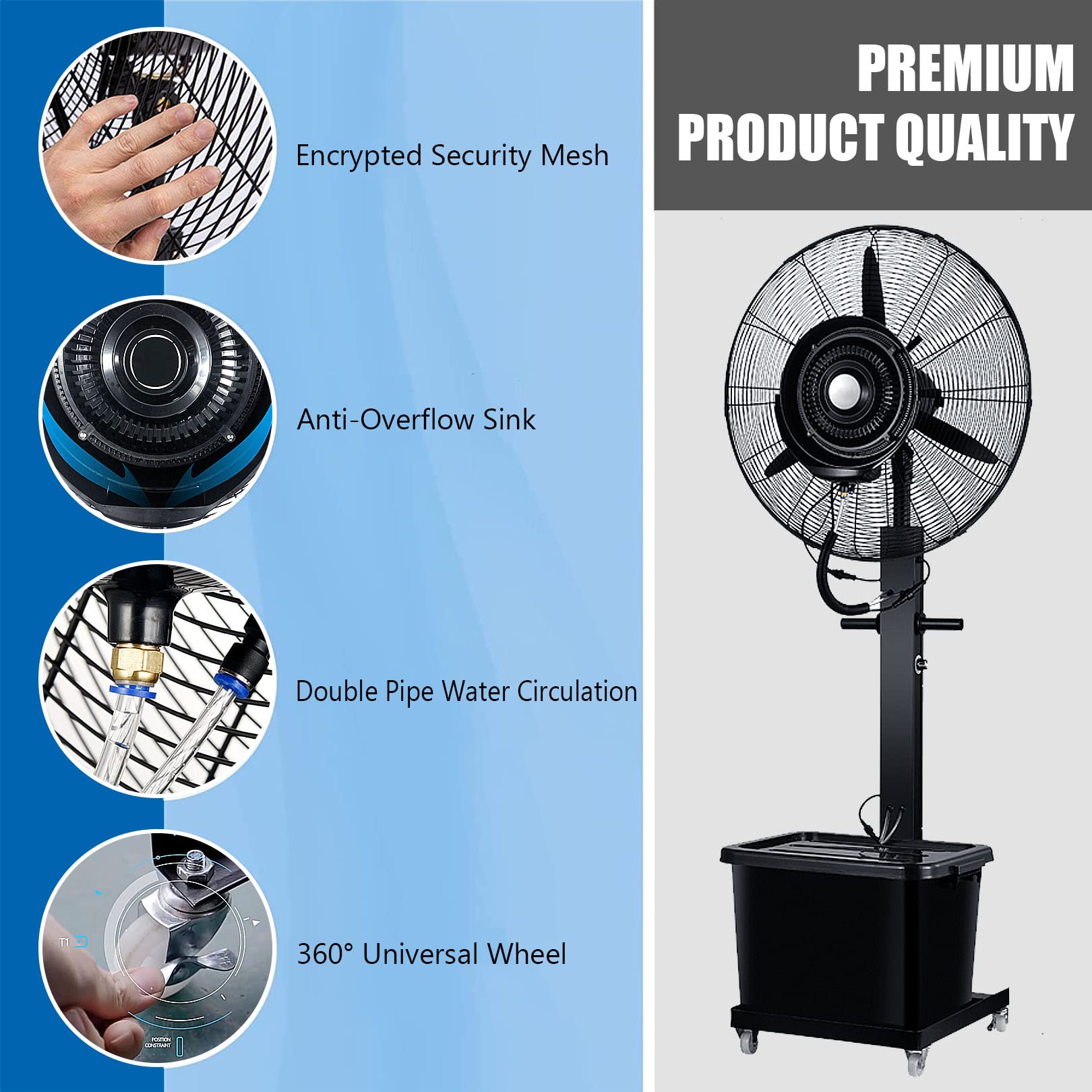 Oscylacyjny wentylator kolumnowy ze zbiornikiem na wodę 42 l, 3 prędkości, do warsztatu na świeżym powietrzu lub na patio, Fan blade750mm