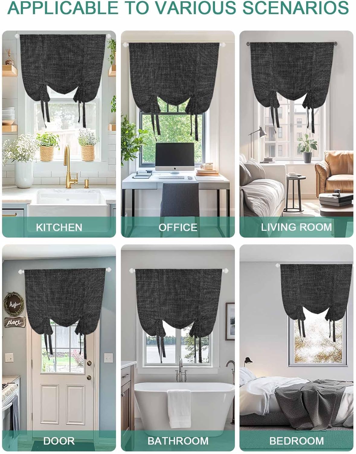 Tie Up Curtains,Black Linen Vintage Bottom Adjustable Rod Pocket Window Shade Curtain Drape Solid Farm Burlap Tie-Up Valance for Kitchen Bedroom Living Room Windows,34"x45"