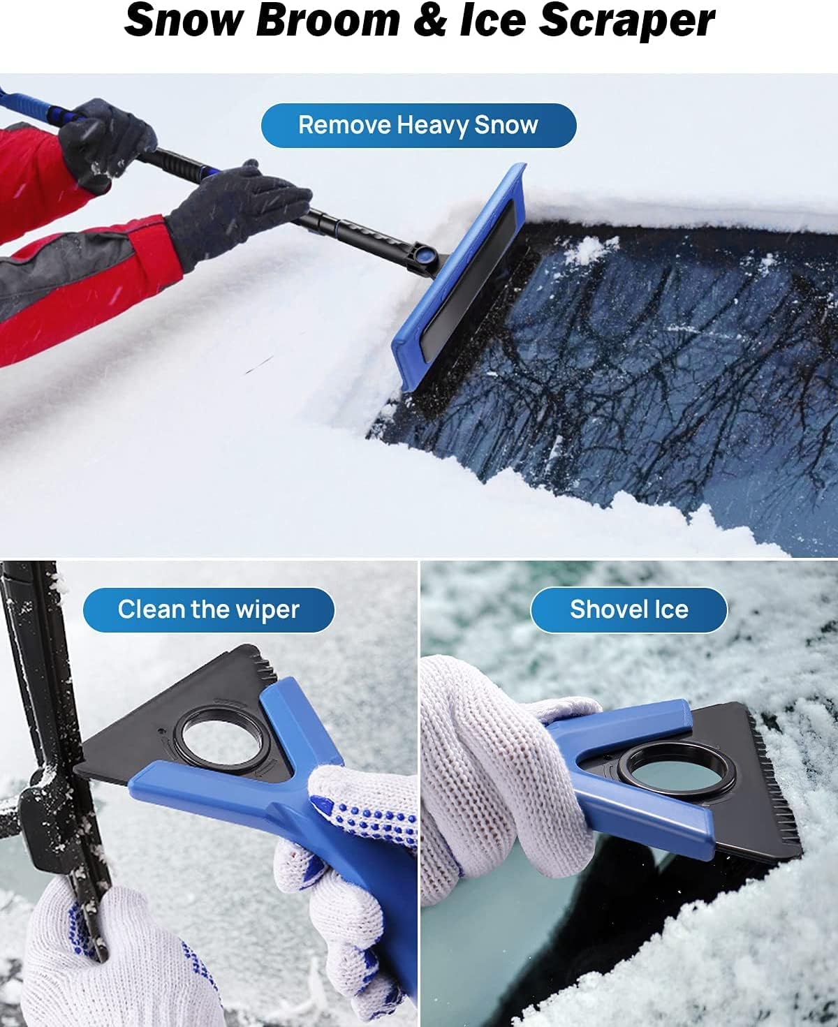 JOYTUTUS 61" Ice Scraper and Snow Broom for Car Windshield, Extendable Foam Snow Brush, Scratch Free, Foam Grip, Auto Window Windshield Snow Brush for Car, SUV, Truck (Blue)