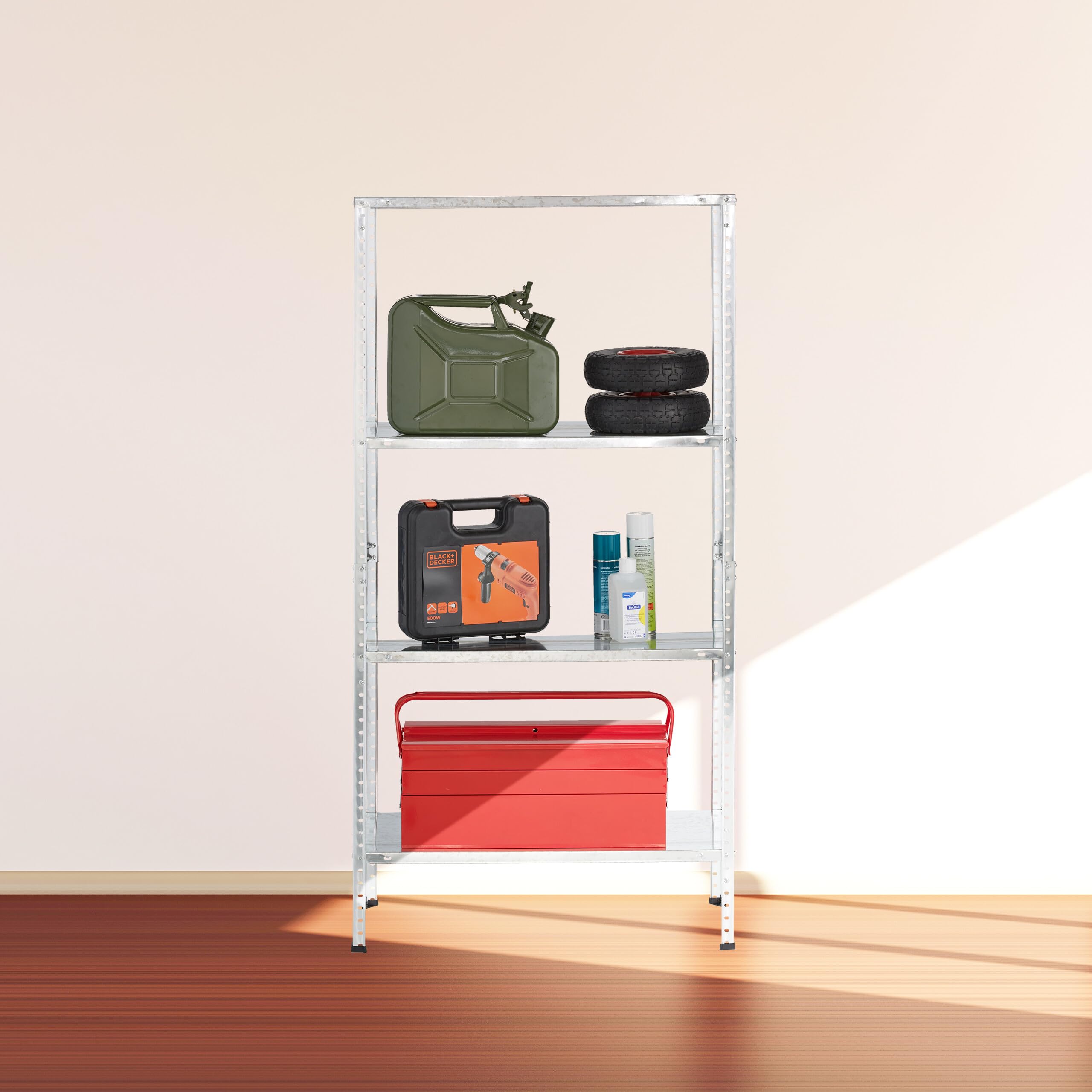 Relaxdays Rangement en métal, 4 Niveaux, Jusqu’à 160 kg, Acier, Stockage pour Le Garage, HxLxP : 150x75x30 cm, argenté