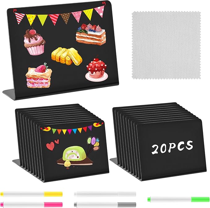 Pack of 20 Mini Chalkboard Small Buffet Signs Board with 5 Chalks, Small Boards for Writing on Place Cards for Buffet, Wedding, Party, Price Tags, Cafe, 7.5 x 10 cm