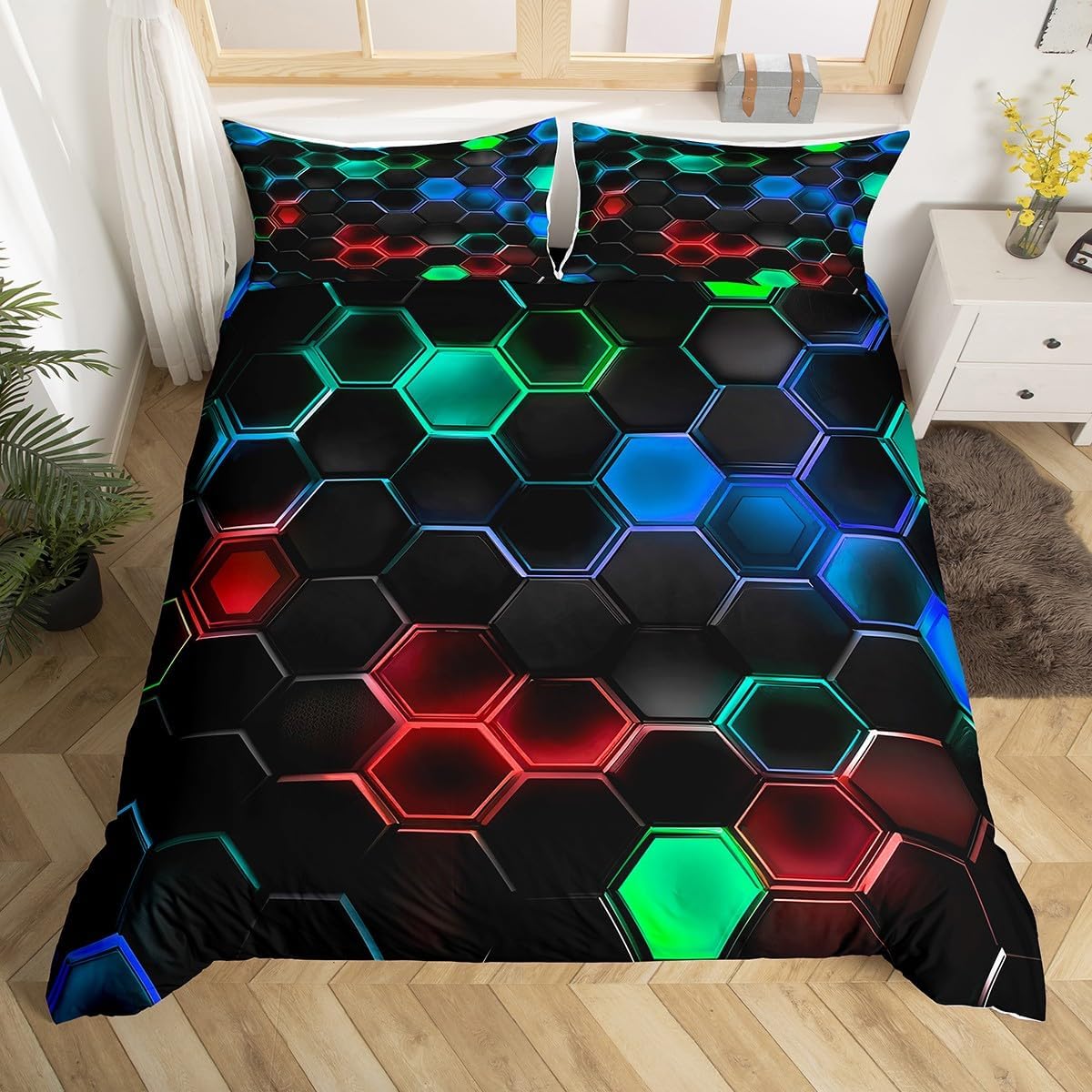 jejeloiu Boys Girls Hexagonal Duvet Cover Toddler Size, Honeycomb Comforter Cover Kids Geometric Bedding Set Black Blue Red Teens Bedroom Decor Bed Set with 1 Pillow Case (No Comforter)