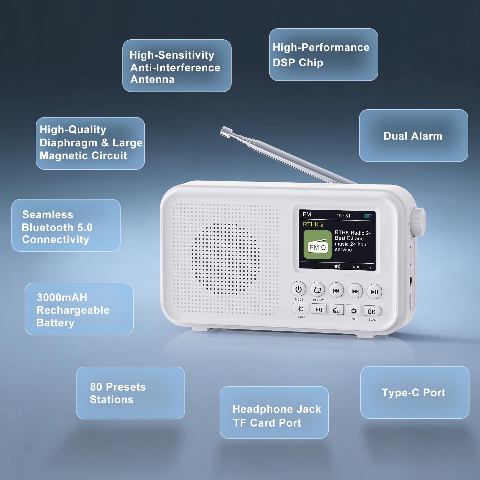 ROCAM Portable DAB/DAB+/FM Radio 3000mAH Rechargeable Battery & Mains Powered, 2.4" Digital DAB Radio with Bluetooth 5.0 & Hi-Fi Speaker, 40 Presets Stations, TF Card Support, Dual Alarms, EQ Modes — view 9