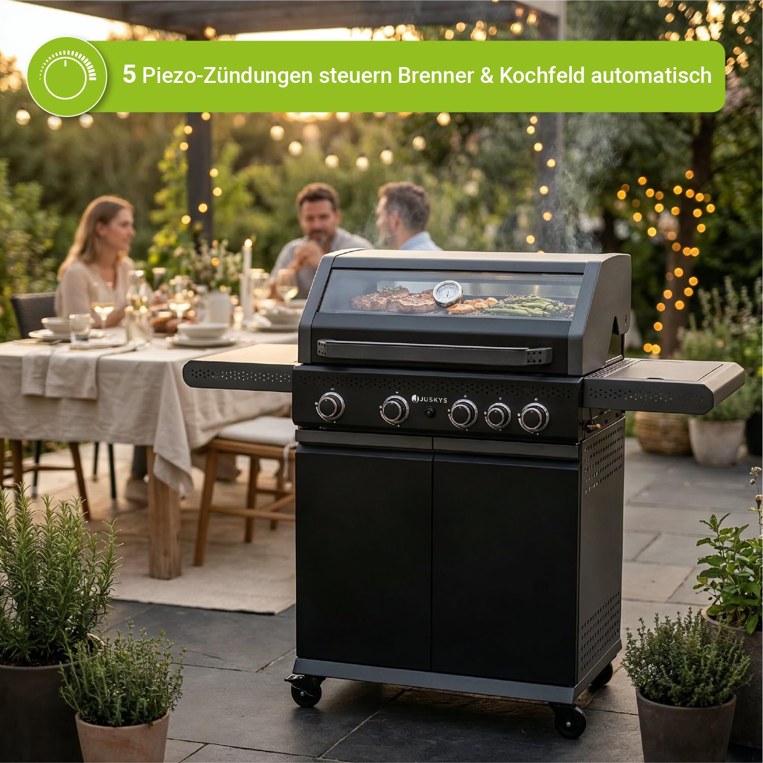 Juskys BBQ Gasgrill Savannah - 4 Brenner und 1 Seitenbrenner - XXL Stahl Gas Grill mit Gusseisen Grillrost, Kochfeld, Unterschrank für Gasflasche