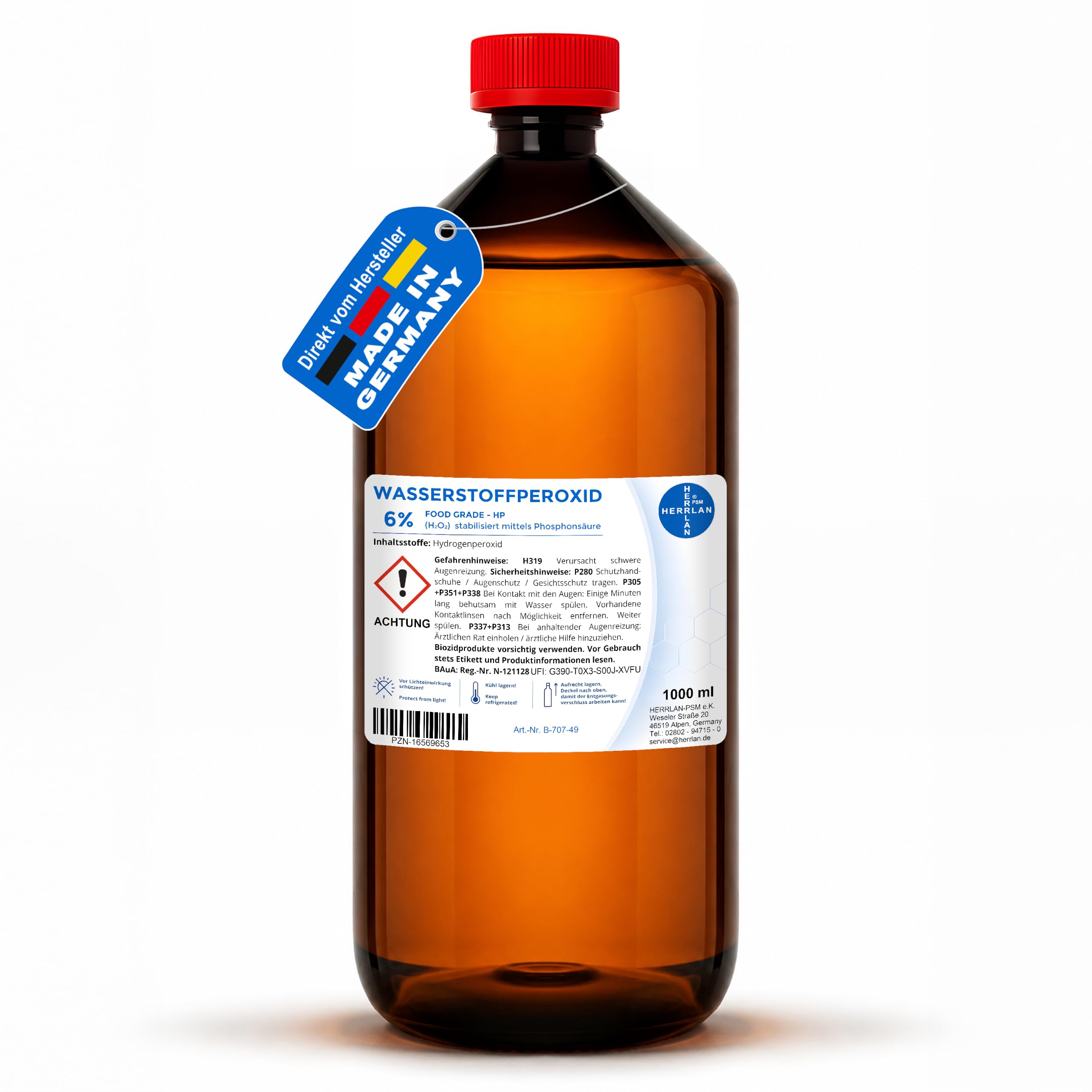 HERRLAN® Wasserstoffperoxid 6% stabilisiert – 1 Liter - FOOD GRADE H₂O₂ Lösung - Für Wasserpflege, Reinigung & technische Anwendungen - BAuA N-121128 - Made in Germany - MHD 12 Monate