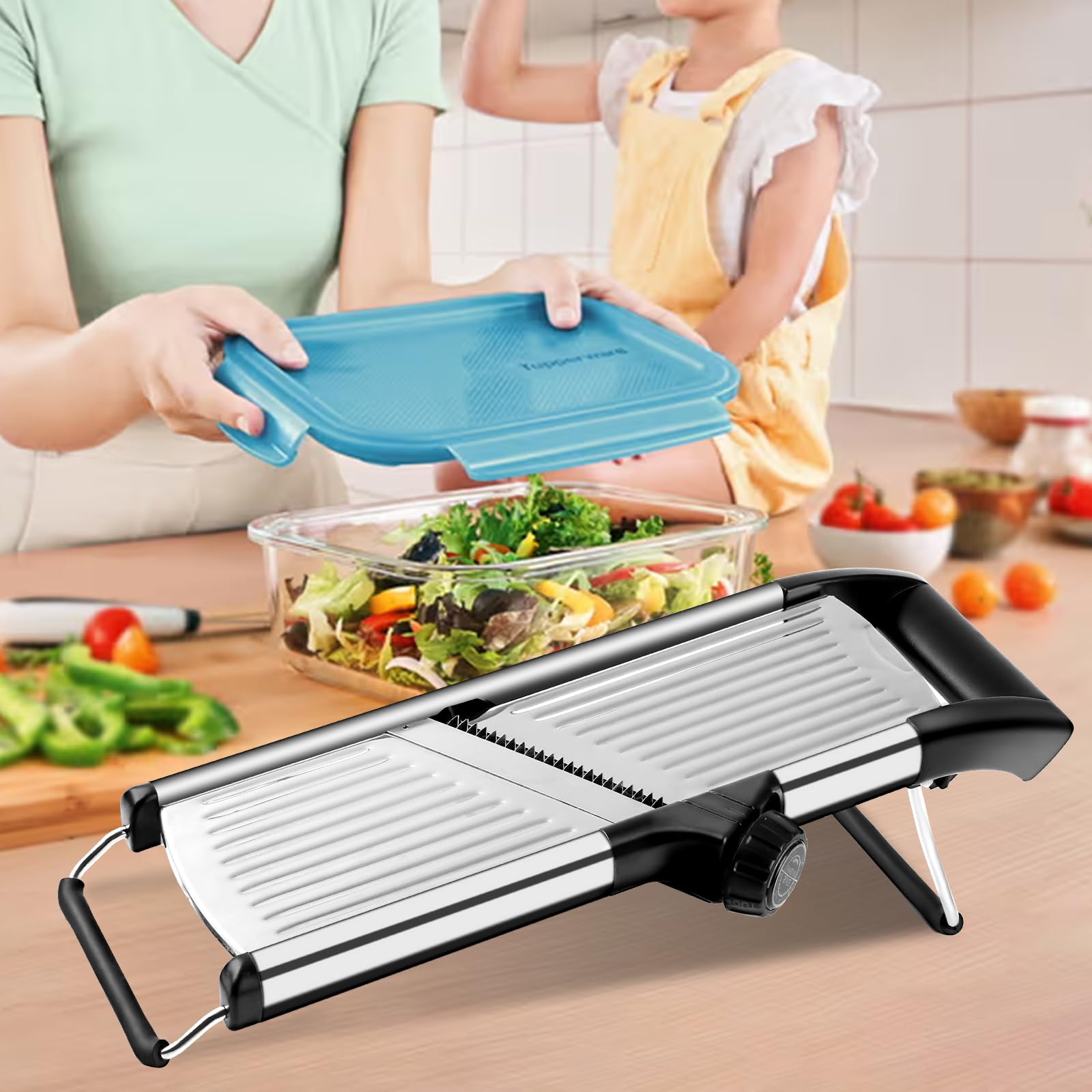 Gemüsehobel aus Edelstahl, rutschfester Mandolinenhobel for die Küche, Keto, Kartoffeln, Gurken, 4 Klingen und schnittfeste Handschuhe. ，Gemüseschneider
