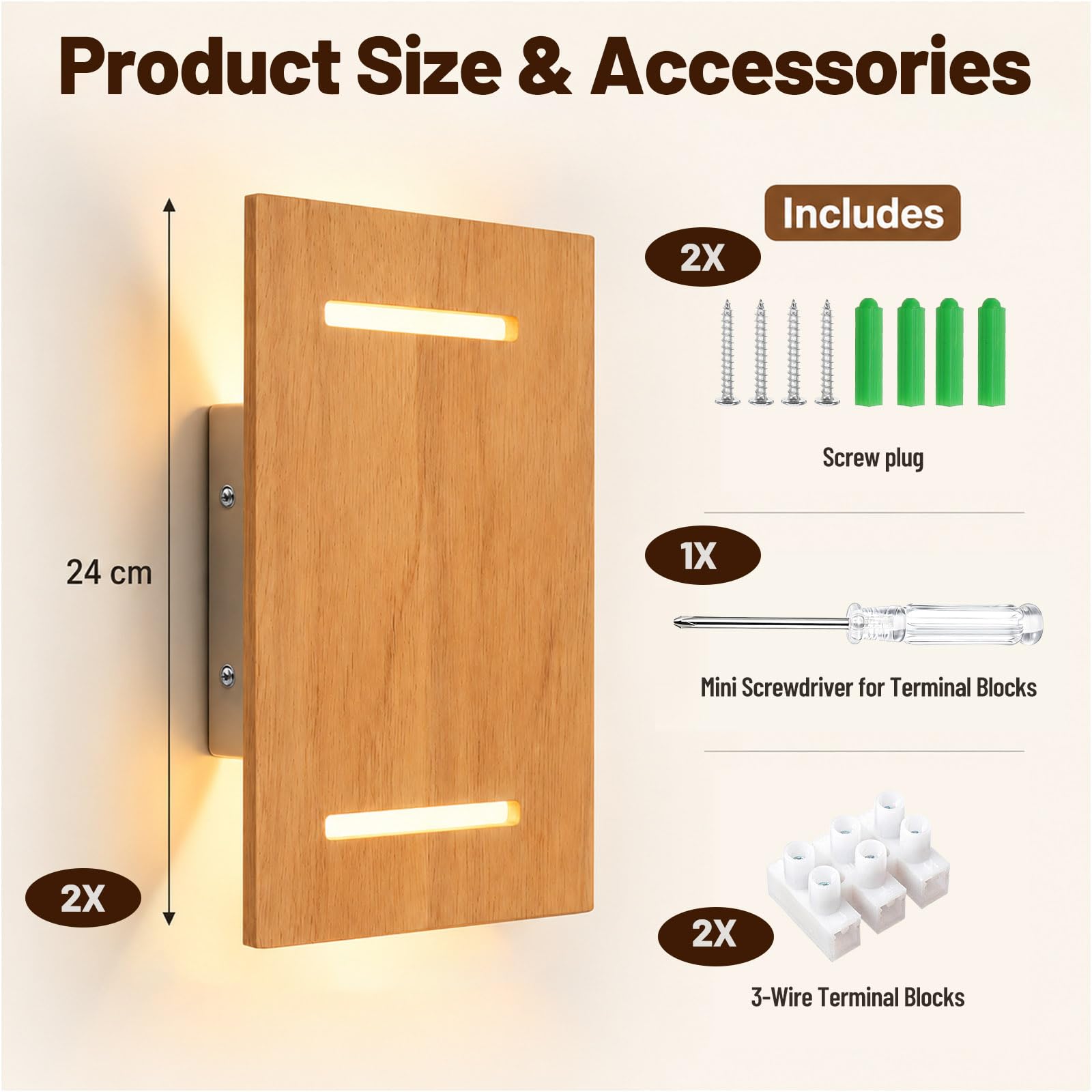 2 pezzi Applique Legno Naturale Moderna Lampada da Parete Interni 7W 3000K