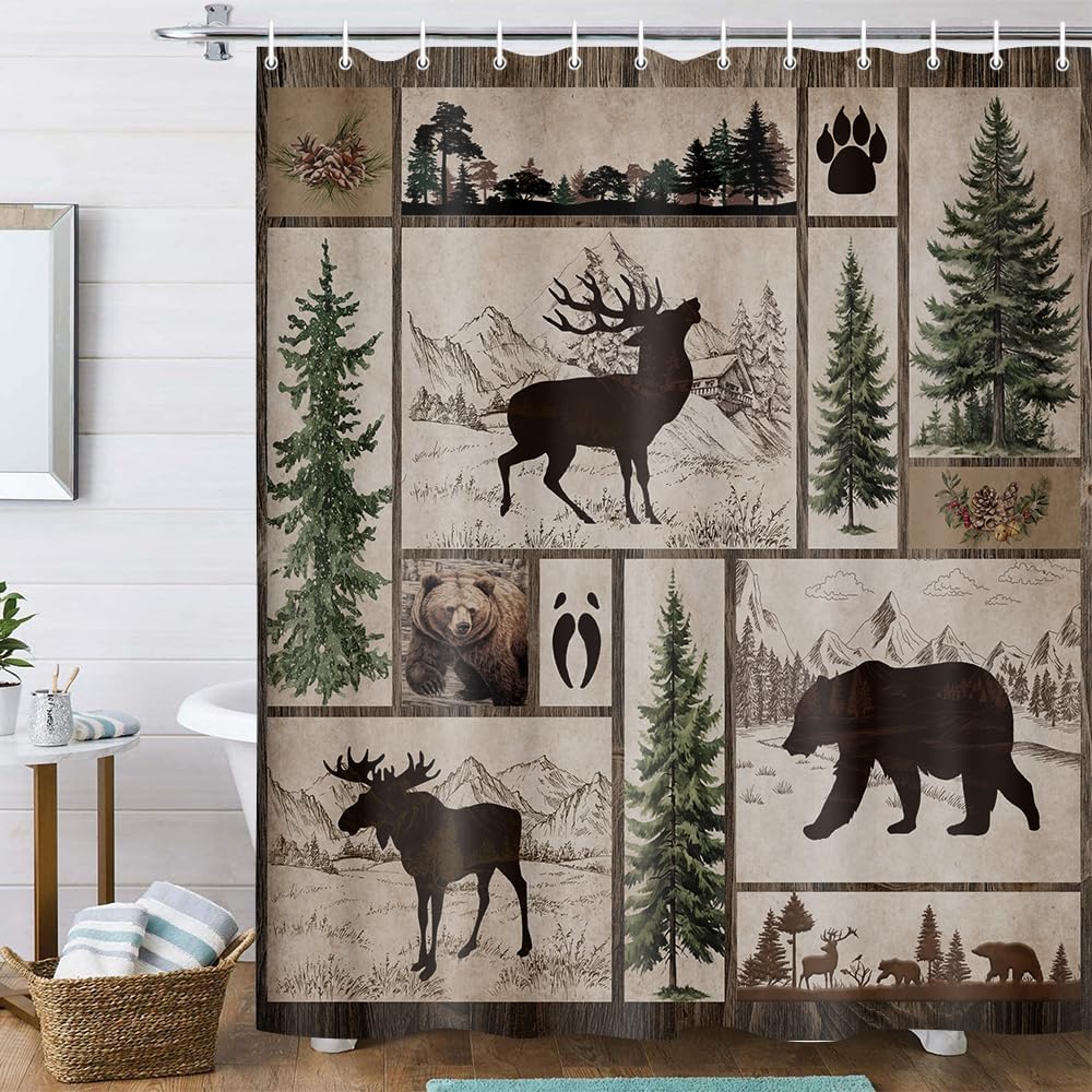 Rustic Cabin Shower Curtain Farmhouse Bathroom Decor, Country Black Bear Deer Moose Forest Woodland Shower Curtain Set, Hunting Cabin Fabric Shower Curtain Bathroom Accessories with 12PCS Hooks, 70X75
