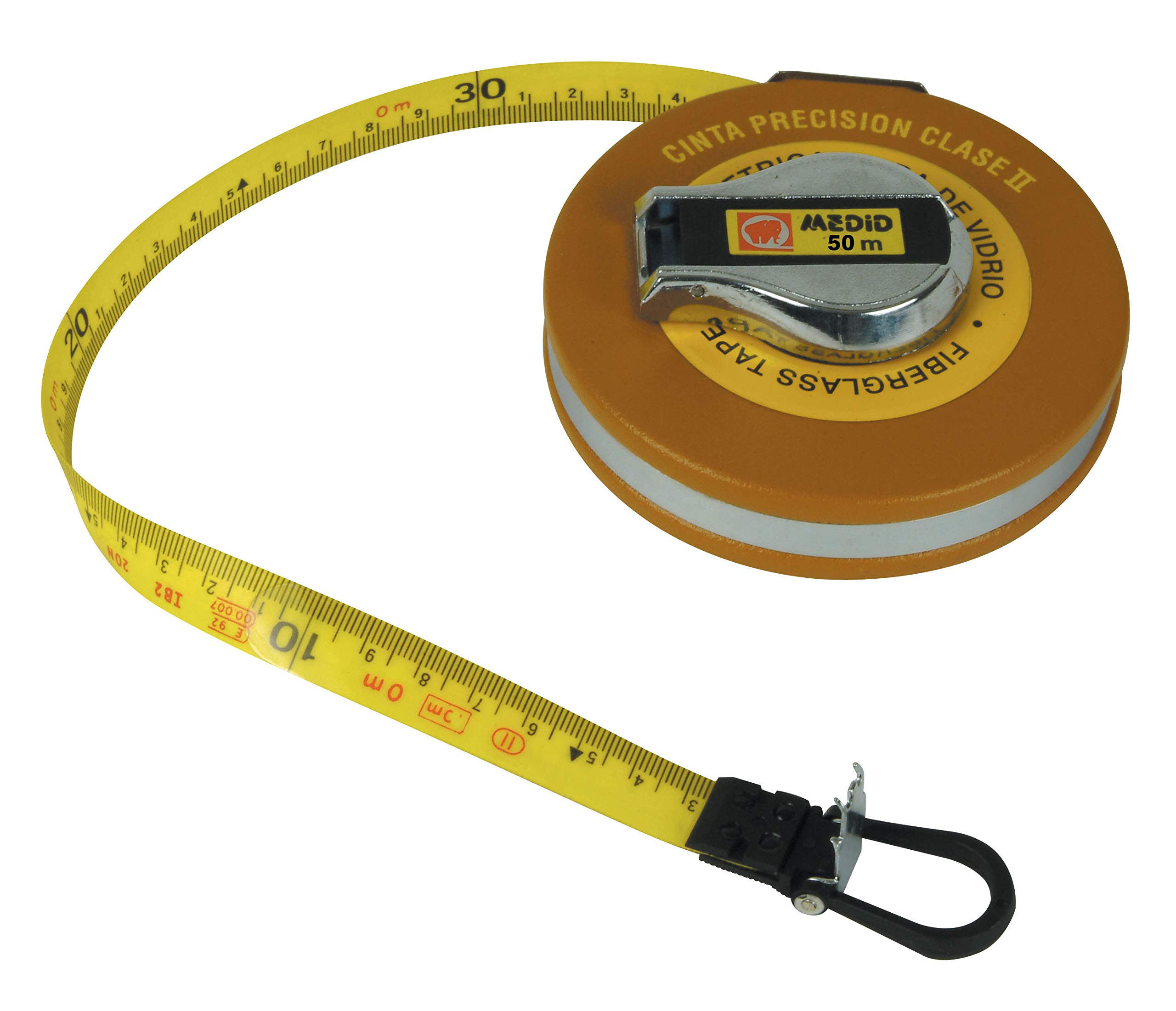Medid MD/136050 Cinta métrica con estuche metálico recubierto, fibra de vidrio en clase II, doble precisión, 50 m