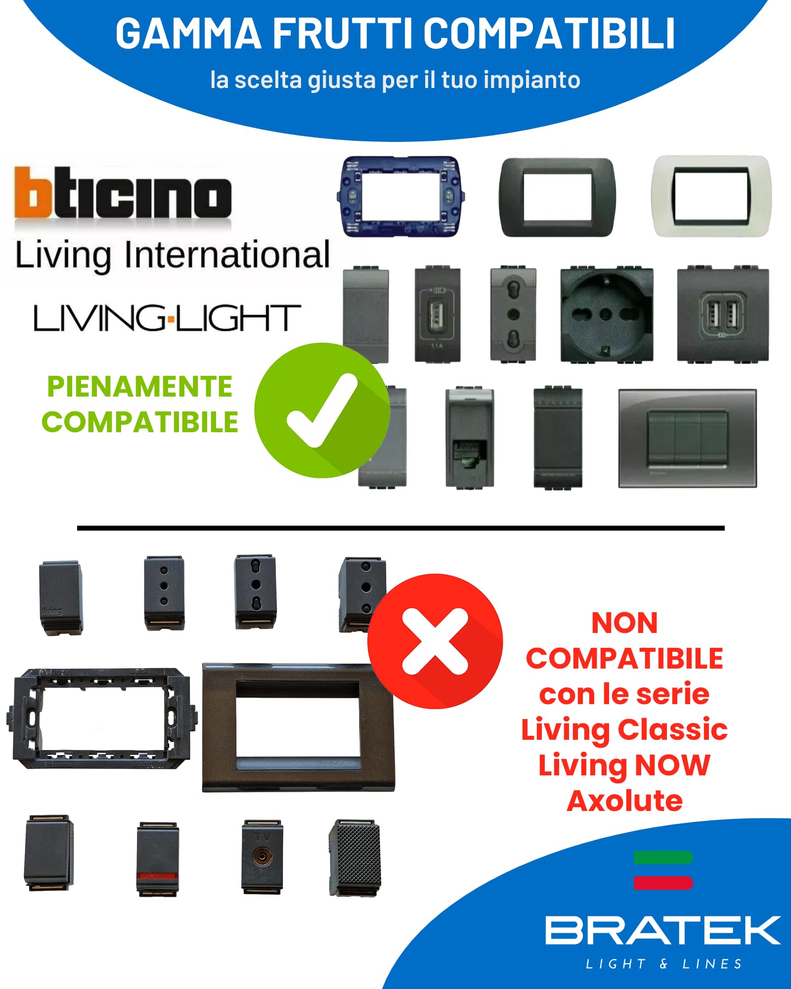Bratek 2 Prese Schuko Compatibile Bticino Living Light e International 2P+T 10/16A - Presa Elettrica a Muro Tedesca + Bipasso Italiana Antracite x Supporti B Ticino Livinglight e Living International