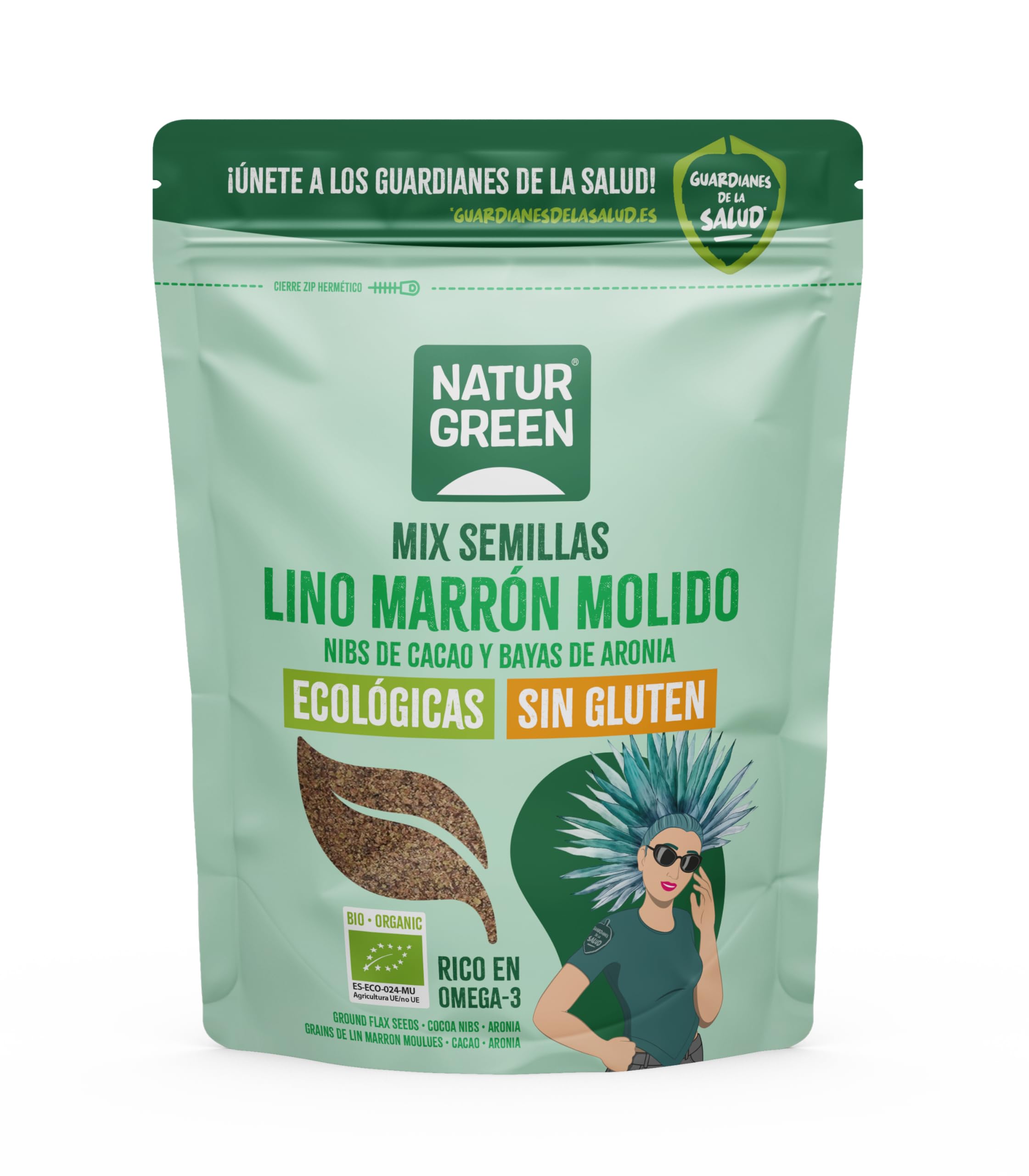 NaturGreen - Semillas de Lino, Nibs de Cacao y Aronia Bio, 150 g, Mix Ecológico Rico en Fibra y Antioxidantes, Ideal para Yogures, Batidos, Desayunos o Postres, Vegano y Sin Lactosa
