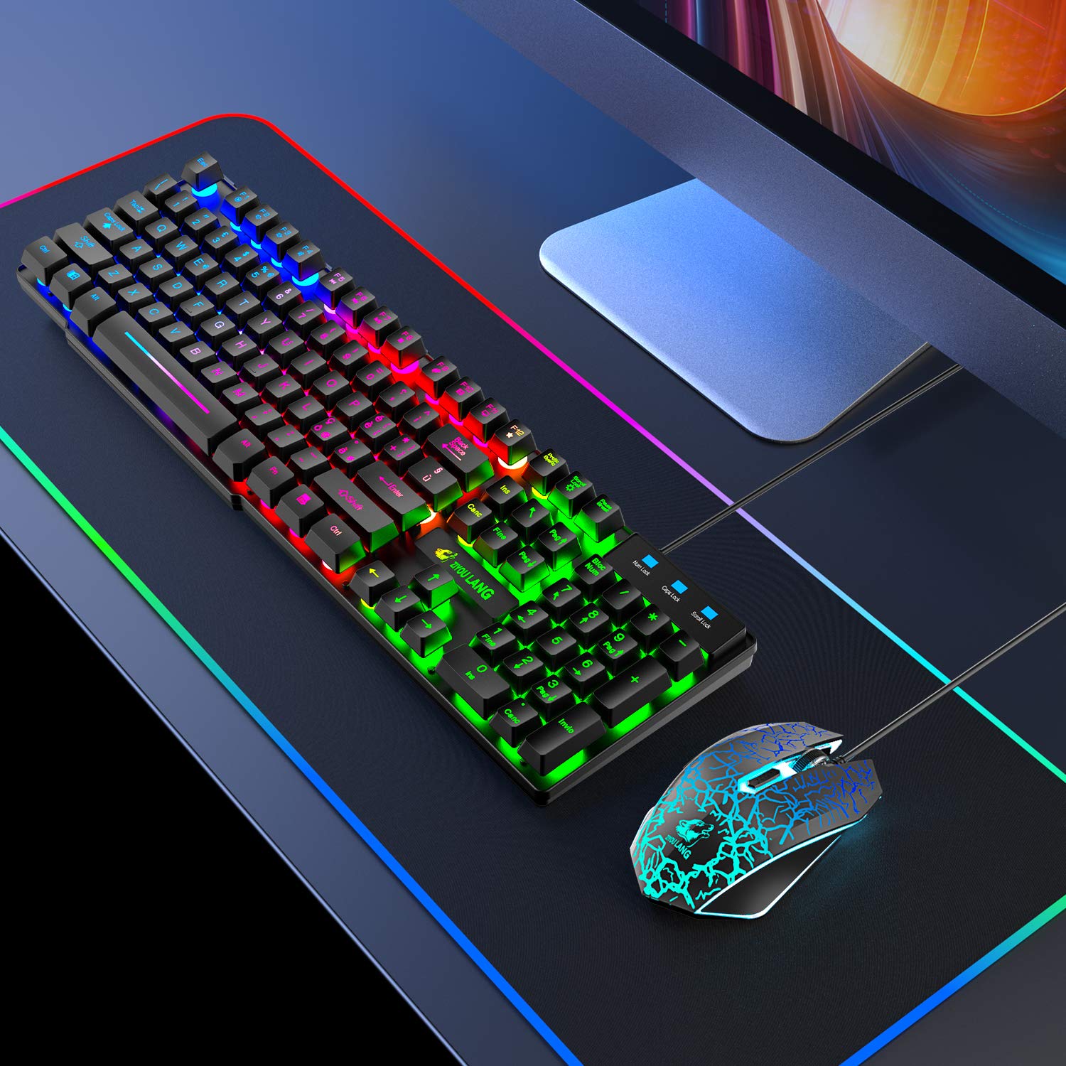 LexonElec T13 Nero IT Layout QWERTY Tastiera e Mouse da Gioco, USB Cablato Retroilluminato LED RGB Arcobaleno 19 tasti non conflittuali, 6 Tasti 2400 DPI colorato Mouse, per Laptop PC Linux PS4 Xbox